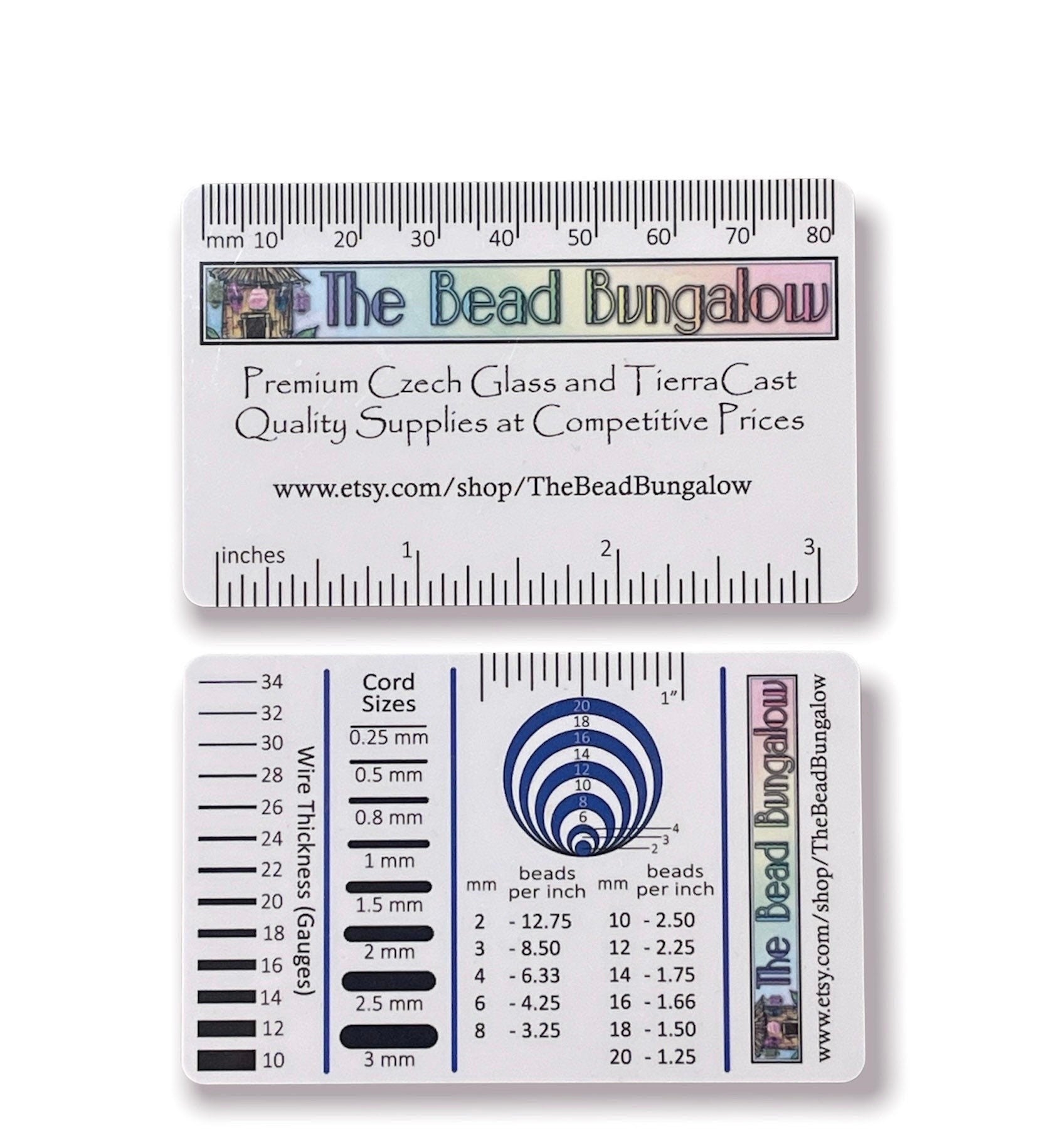 Jewelry Makers Tool ~ Measuring Guide (Credit Card Size) for Measuring Beads, Wire, Cord ~ Beads per Inch, Centimeters, Millimeters, Gauges