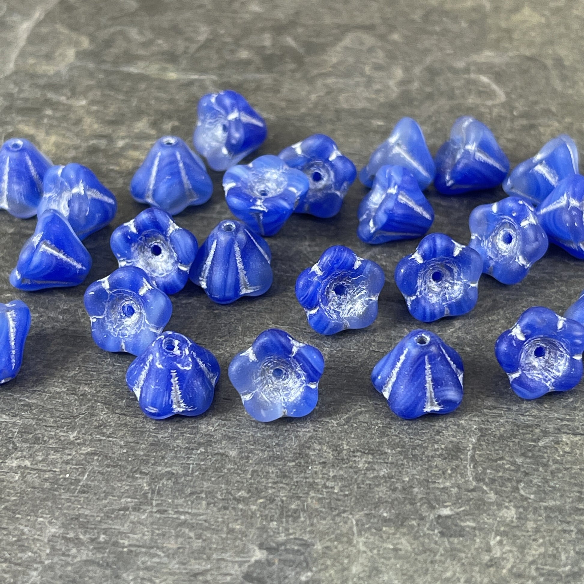 Blue Bell Flower Czech Glass Beads Czech Flower Bead - 6x8mm Matte Blue and Transparent Glass Flower with Silver Wash (BFlo3) - Qty 12