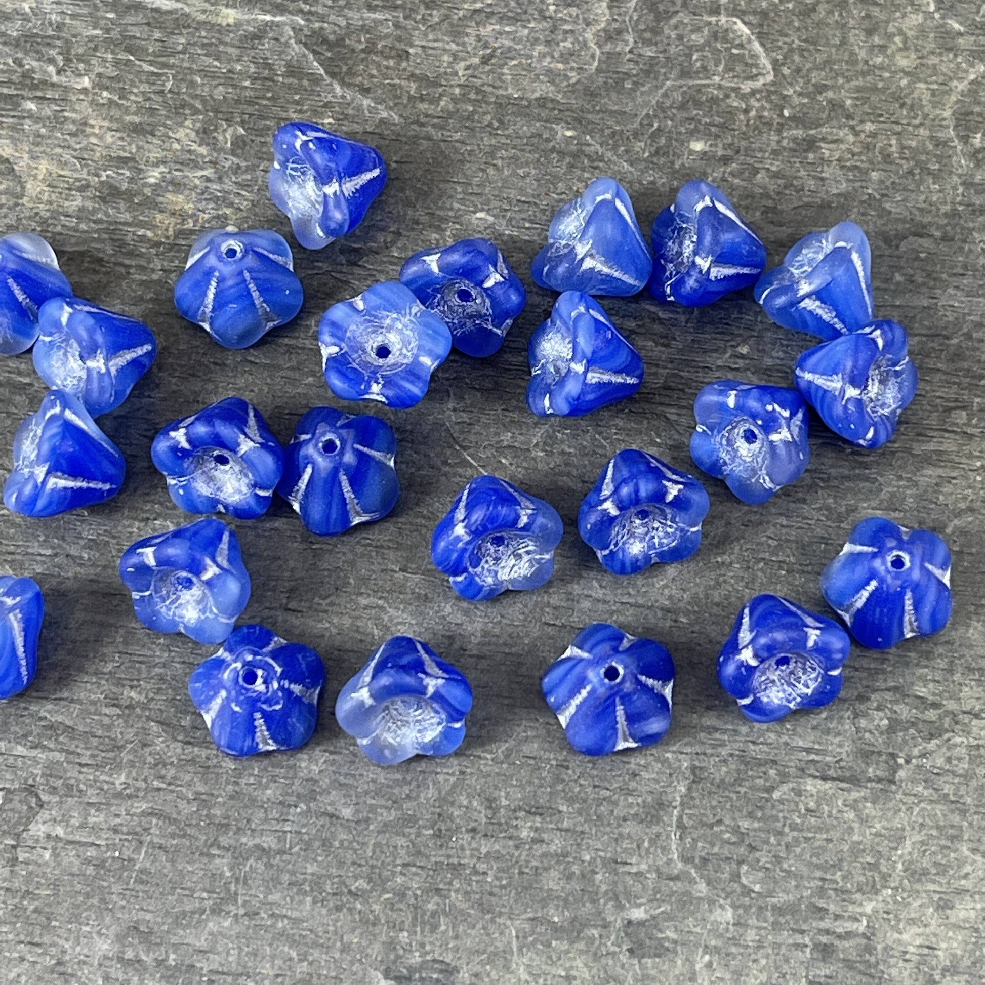 Blue Bell Flower Czech Glass Beads Czech Flower Bead - 6x8mm Matte Blue and Transparent Glass Flower with Silver Wash (BFlo3) - Qty 12