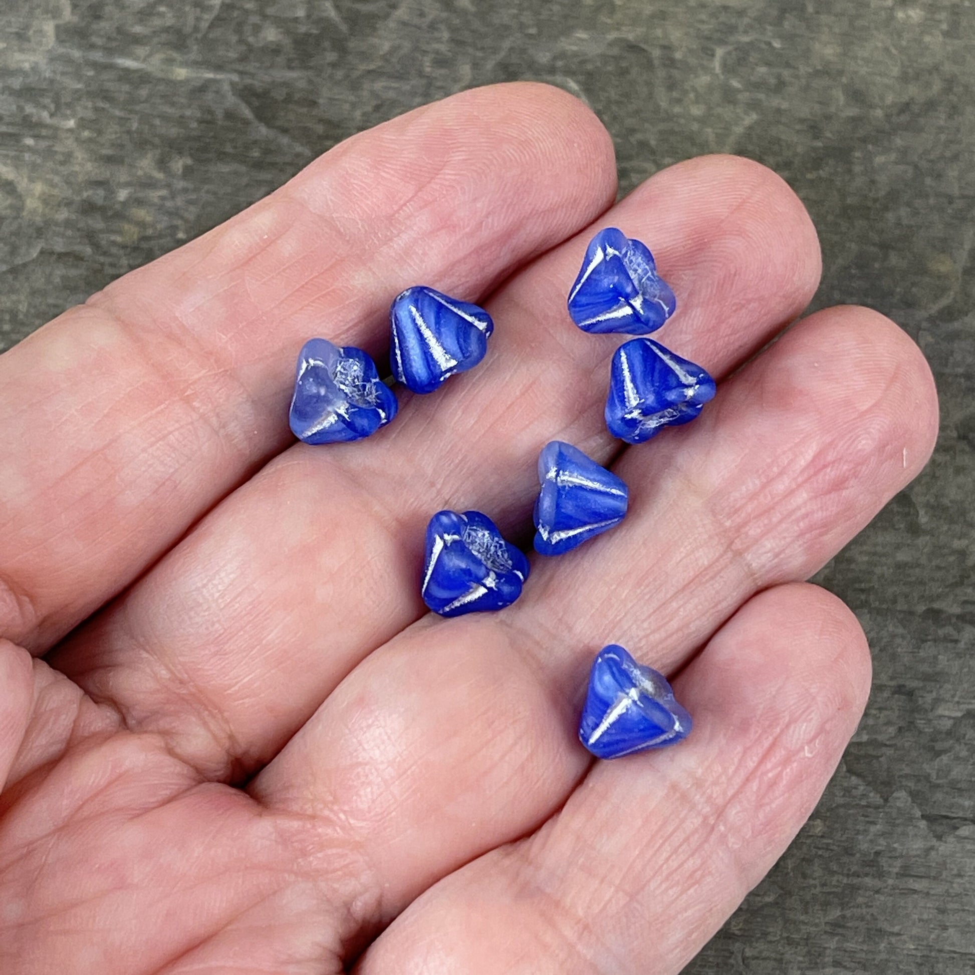 Blue Bell Flower Czech Glass Beads Czech Flower Bead - 6x8mm Matte Blue and Transparent Glass Flower with Silver Wash (BFlo3) - Qty 12