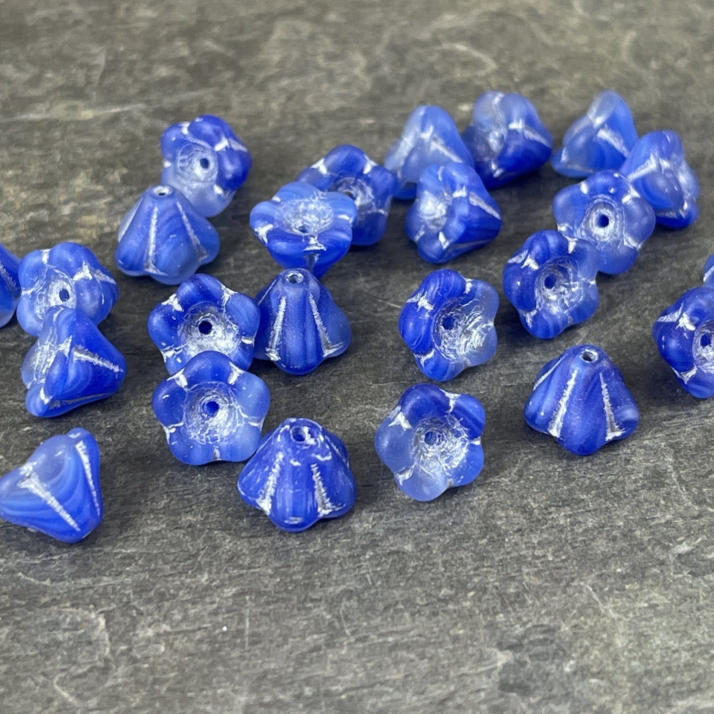 Blue Bell Flower Czech Glass Beads Czech Flower Bead - 6x8mm Matte Blue and Transparent Glass Flower with Silver Wash (BFlo3) - Qty 12