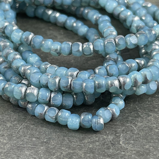 Czech Glass Seed Beads Small Mint Blue Beads Silver 4x3mm Faceted Beads Mint Blue and Silver Glass Nuggets (TRICA/N-1106) * Qty. 50