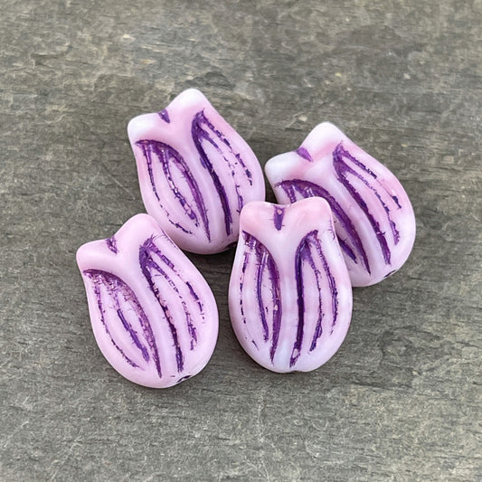 Matte Pink Glass Flower Czech Glass Flower 16x11 Tulip Beads Czech Glass Beads Pink and White Flower with Purple Wash (PTul-12) - Qty. 4