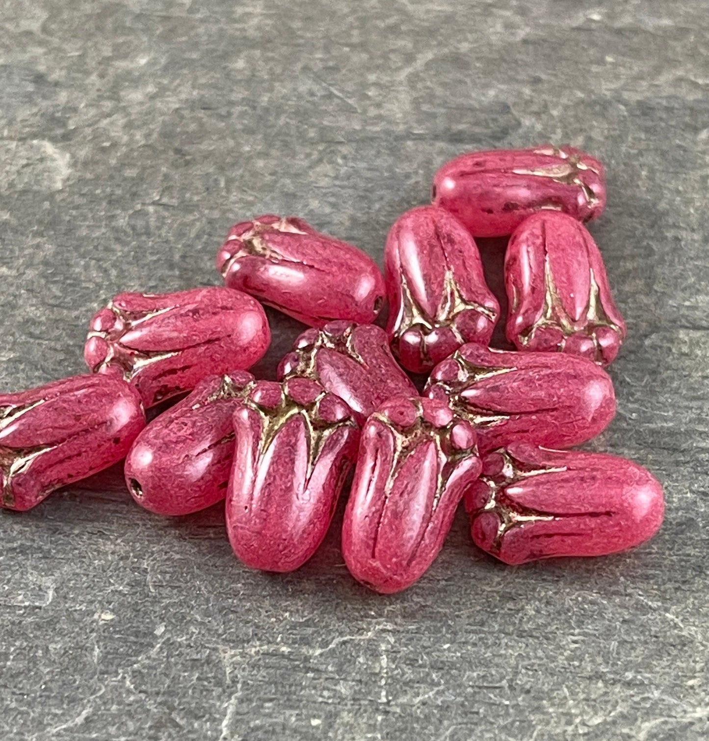 Fuchsia Flower, Czech Glass Beads, 12x8mm Lily Bud Flower, Milky Fuchsia Pink Flower Bead (LBud3) Czech Glass Flower * Qty. 12