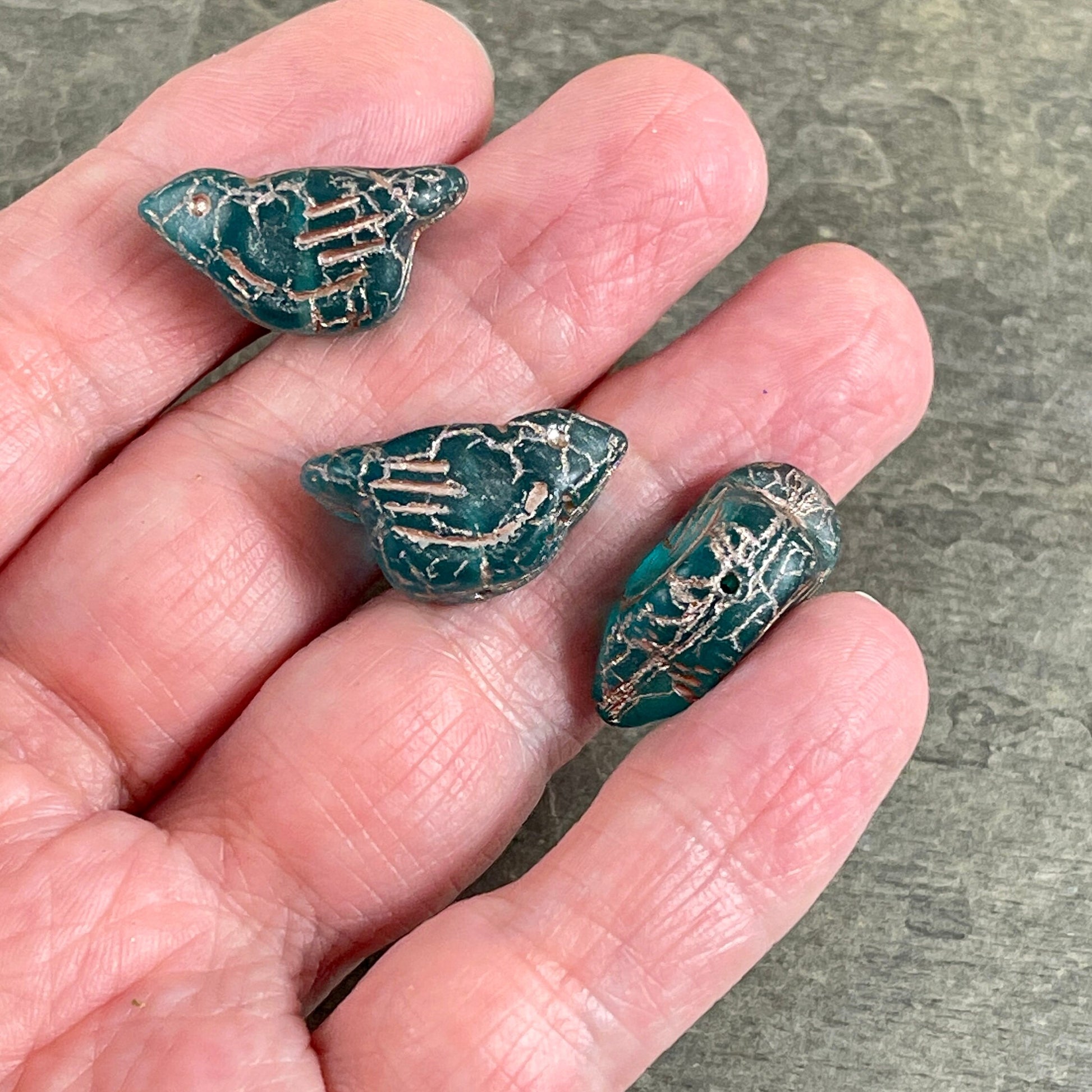 Czech Glass Beads Matte Teal Bird with Metallic Beige Wash Nature Theme Beads Bird Focal Bead 11x22mm Chunky Bird Bead (N-1616) * Qty. 2