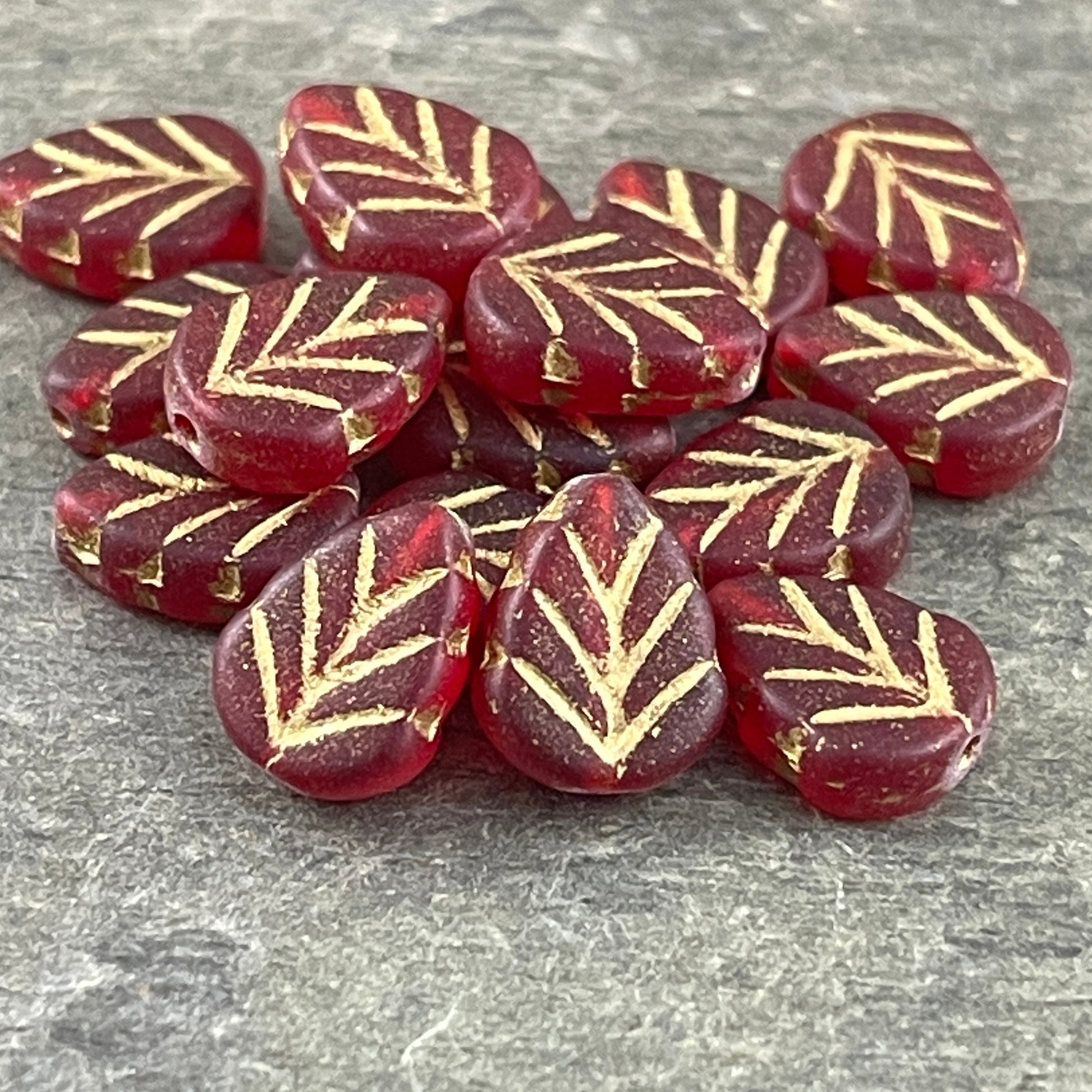 Mint Leaf Glass Bead Matte Red Glass Leaf with Gold Wash Czech Glass Beads 10x8mm Center Drilled Red Leaf Bead (Mint7) - Qty. 12