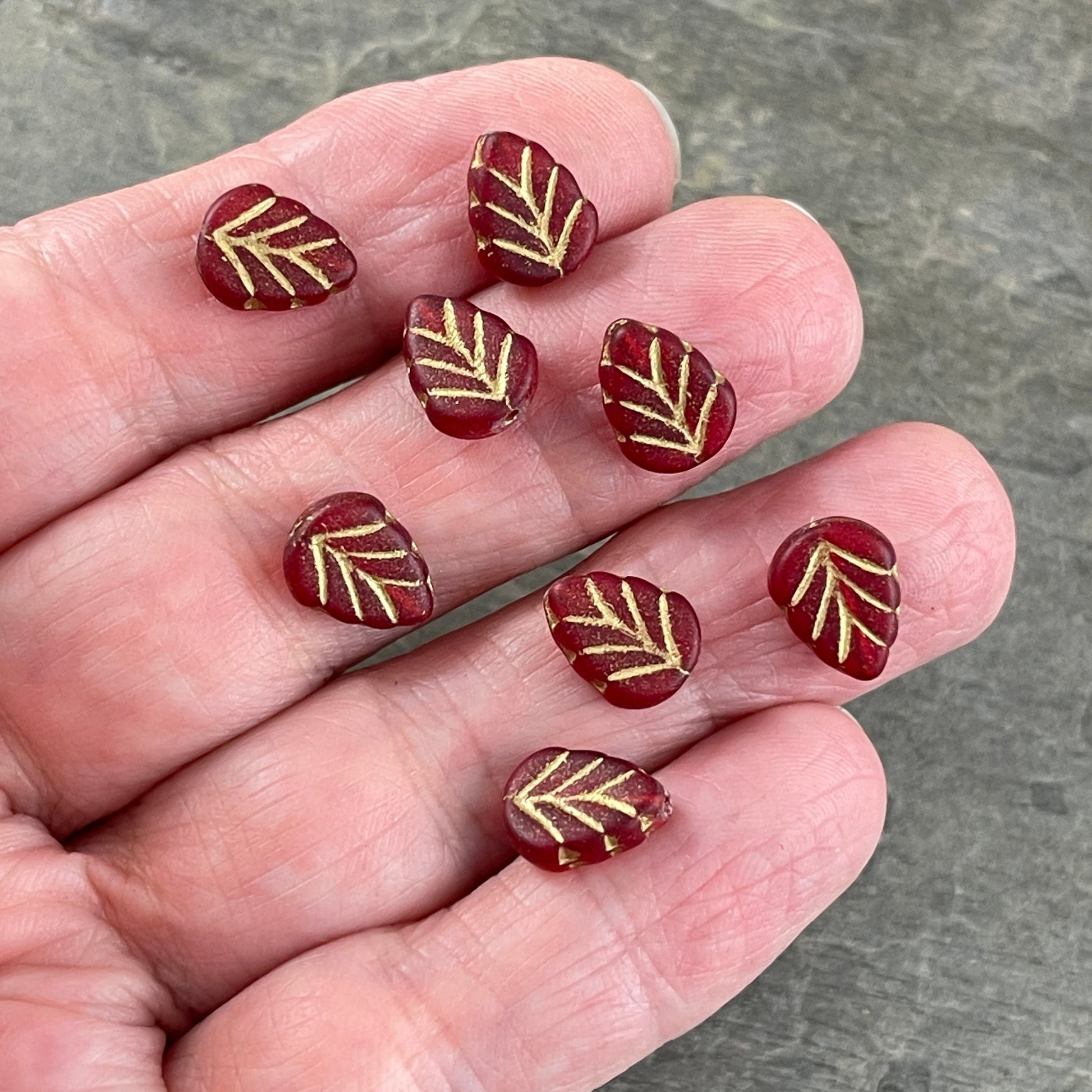 Mint Leaf Glass Bead Matte Red Glass Leaf with Gold Wash Czech Glass Beads 10x8mm Center Drilled Red Leaf Bead (Mint7) - Qty. 12