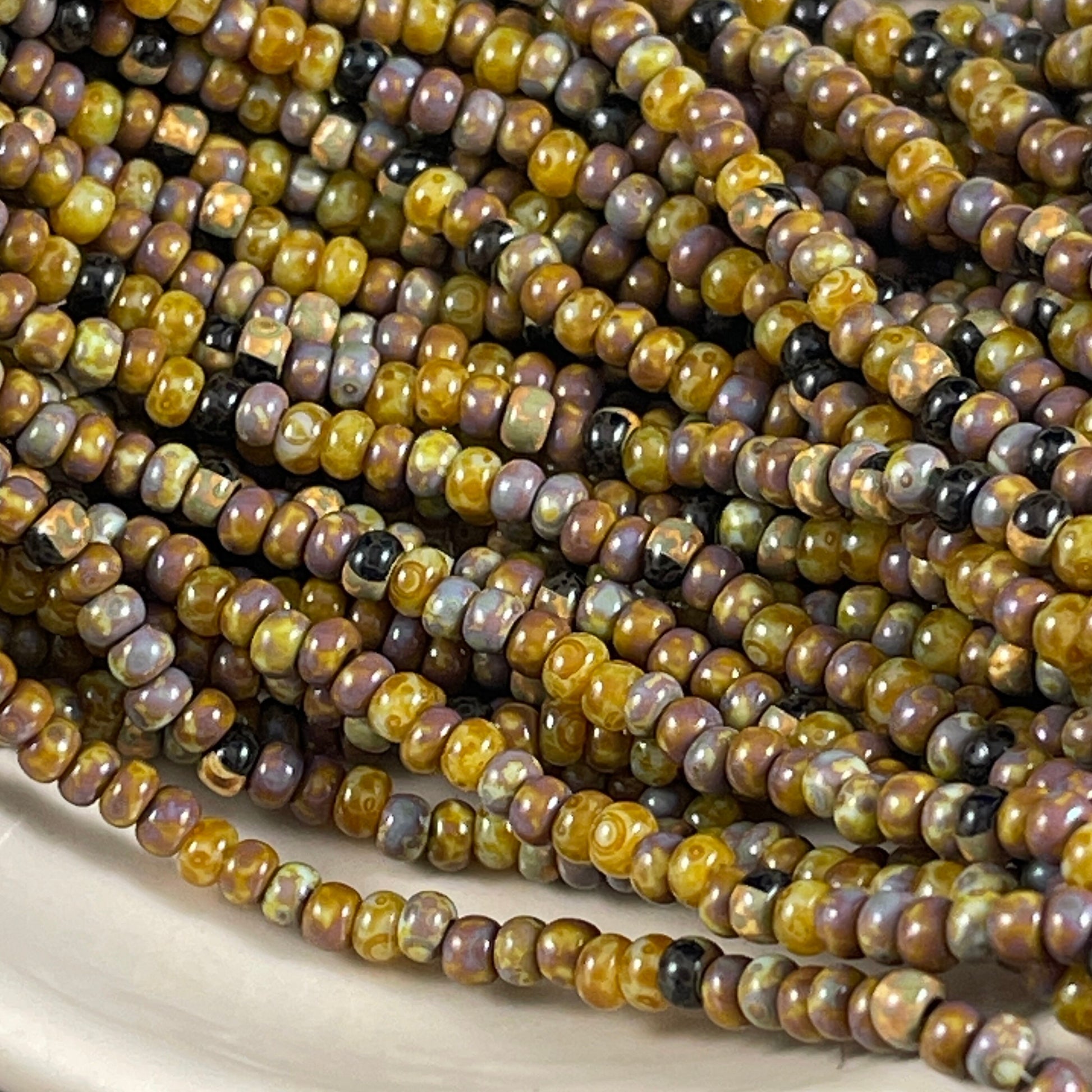 Rustic Yellow Beige and Brown Striped Picasso Mix 8/0 3mm Aged Seed Beads Aged Mural Striped Seed Bead Mix (8/0-Mural) - Qty. 21" strand