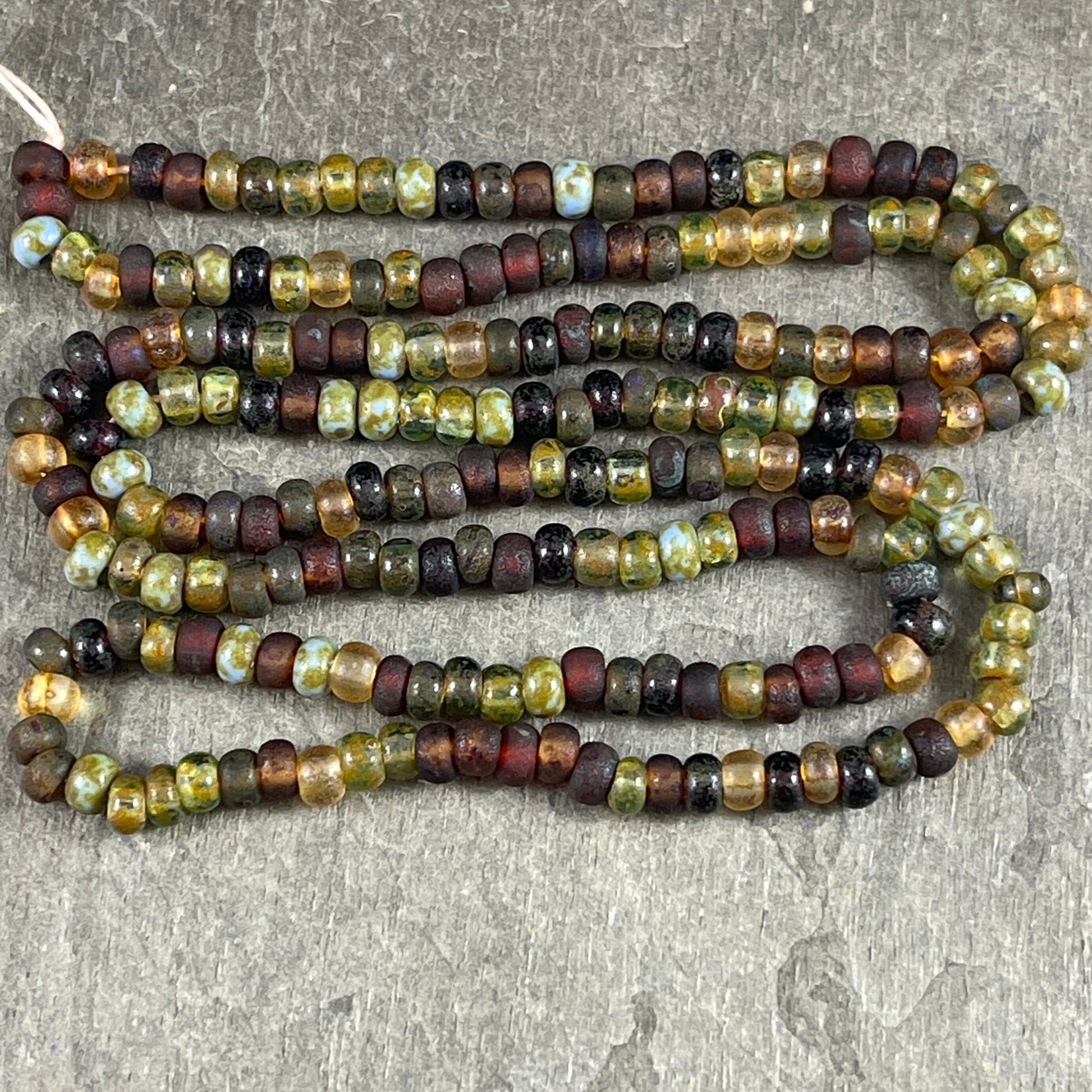 6/0 Picasso Seed Beads, Rustic Honey Bee Picasso 4mm Aged Seed Bead Mix, Brown and Green Czech Glass Beads (6/0-HBM) * 22" strand