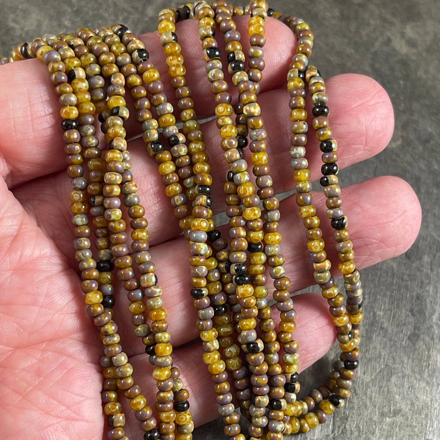 Rustic Yellow Beige and Brown Striped Picasso Mix 8/0 3mm Aged Seed Beads Aged Mural Striped Seed Bead Mix (8/0-Mural) - Qty. 21" strand