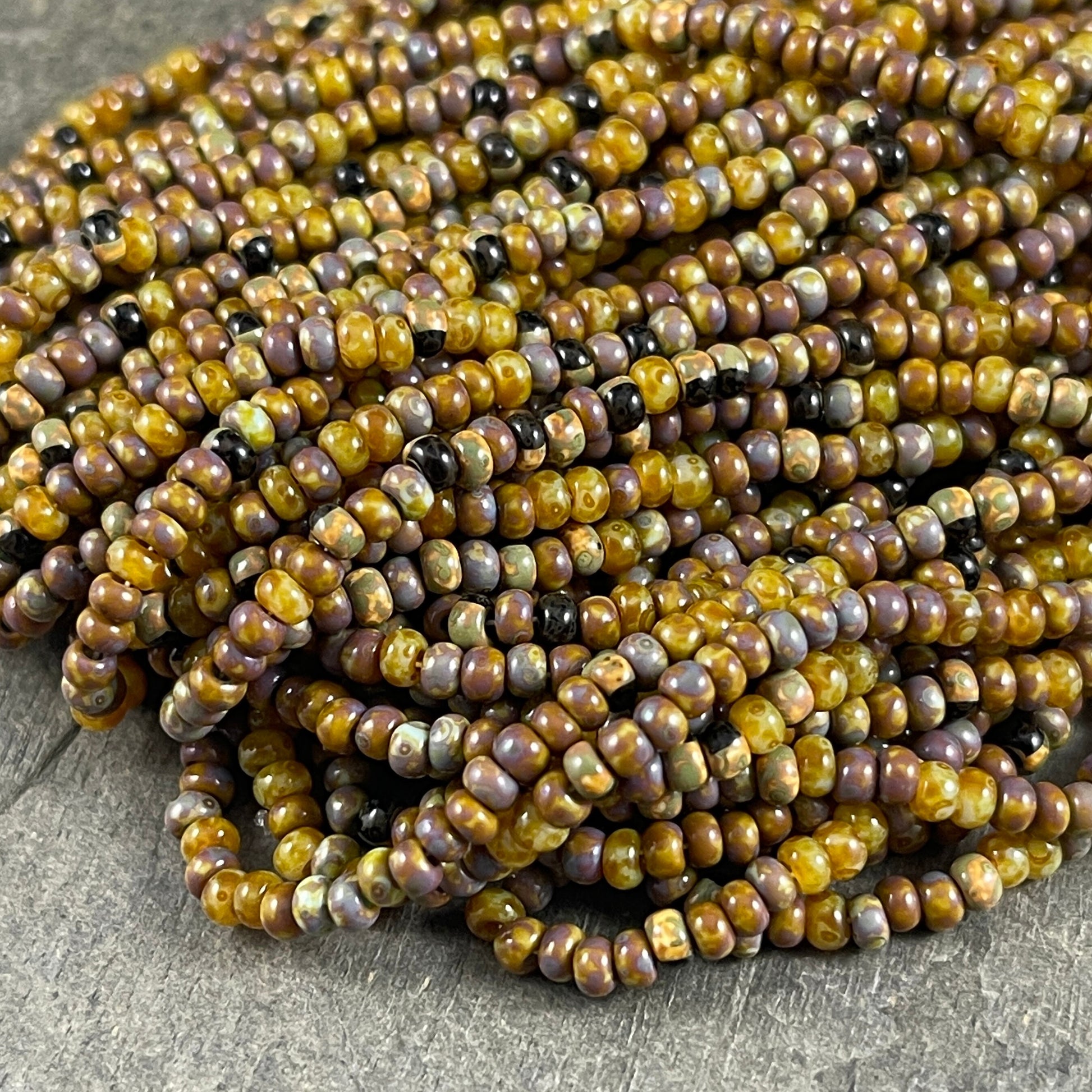 Rustic Yellow Beige and Brown Striped Picasso Mix 8/0 3mm Aged Seed Beads Aged Mural Striped Seed Bead Mix (8/0-Mural) - Qty. 21" strand