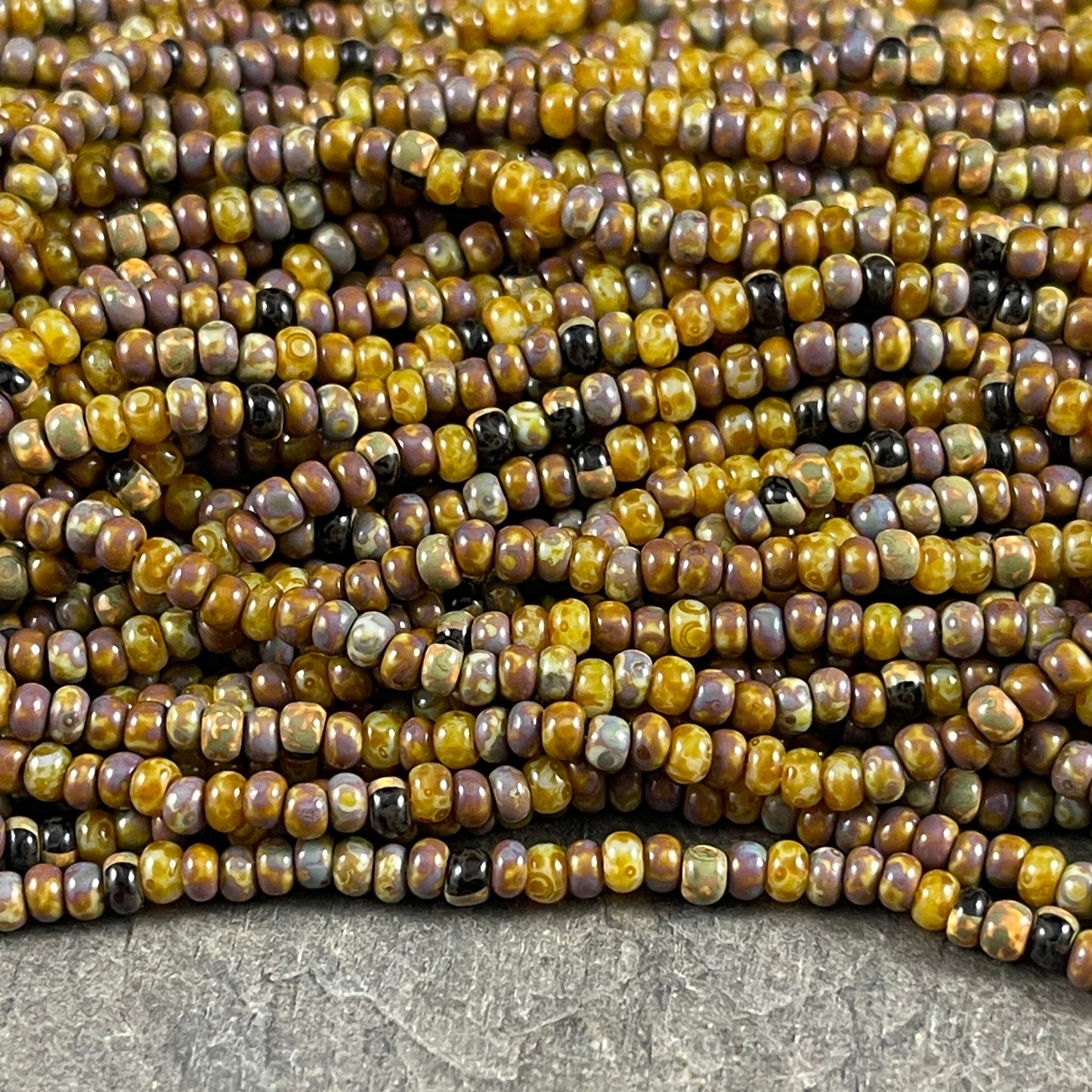 Rustic Yellow Beige and Brown Striped Picasso Mix 8/0 3mm Aged Seed Beads Aged Mural Striped Seed Bead Mix (8/0-Mural) - Qty. 21" strand