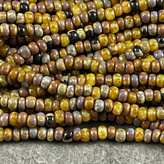 Rustic Yellow Beige and Brown Striped Picasso Mix 8/0 3mm Aged Seed Beads Aged Mural Striped Seed Bead Mix (8/0-Mural) - Qty. 21" strand