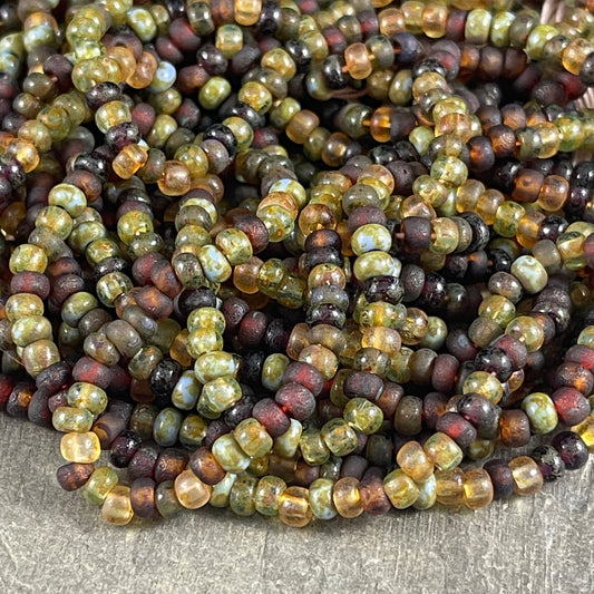 6/0 Picasso Seed Beads, Rustic Honey Bee Picasso 4mm Aged Seed Bead Mix, Brown and Green Czech Glass Beads (6/0-HBM) * 22" strand