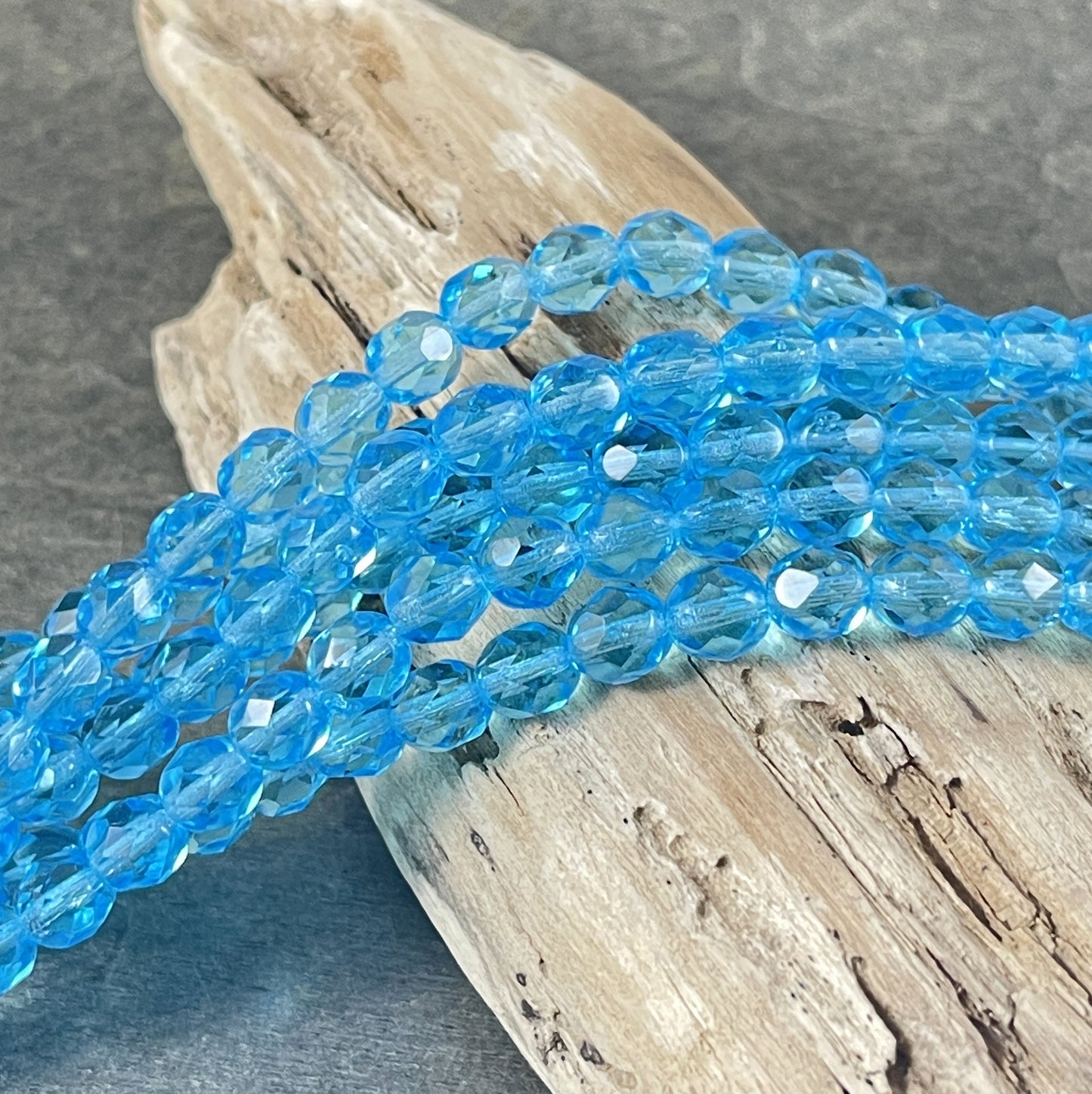 Aquamarine Glass Beads Transparent Blue Czech Glass Beads 6mm Faceted Round Beads Aqua Blue Beads (FP6-6002) - 7" Strand