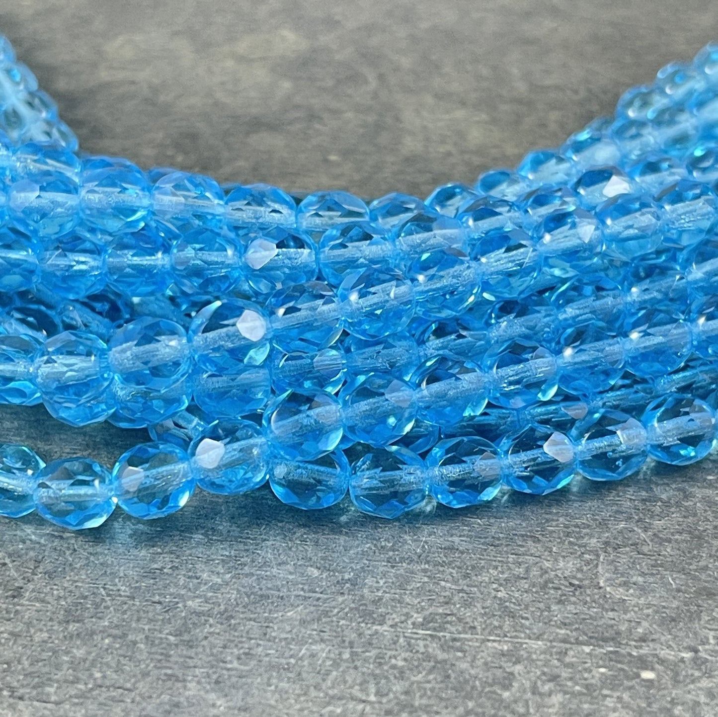 Aquamarine Glass Beads Transparent Blue Czech Glass Beads 6mm Faceted Round Beads Aqua Blue Beads (FP6-6002) - 7" Strand