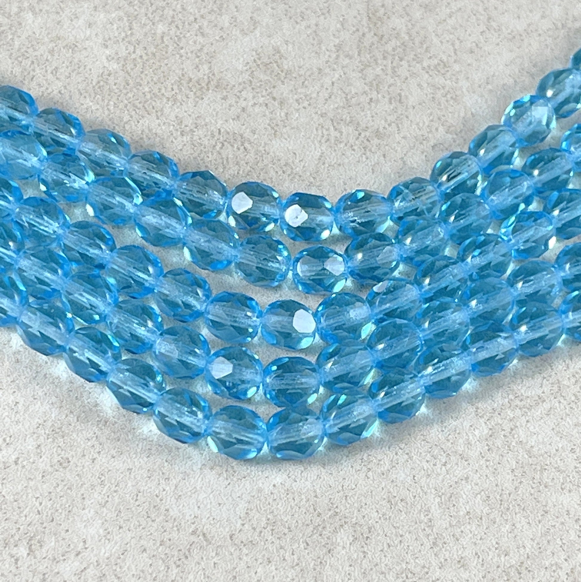 Aquamarine Glass Beads Transparent Blue Czech Glass Beads 6mm Faceted Round Beads Aqua Blue Beads (FP6-6002) - 7" Strand