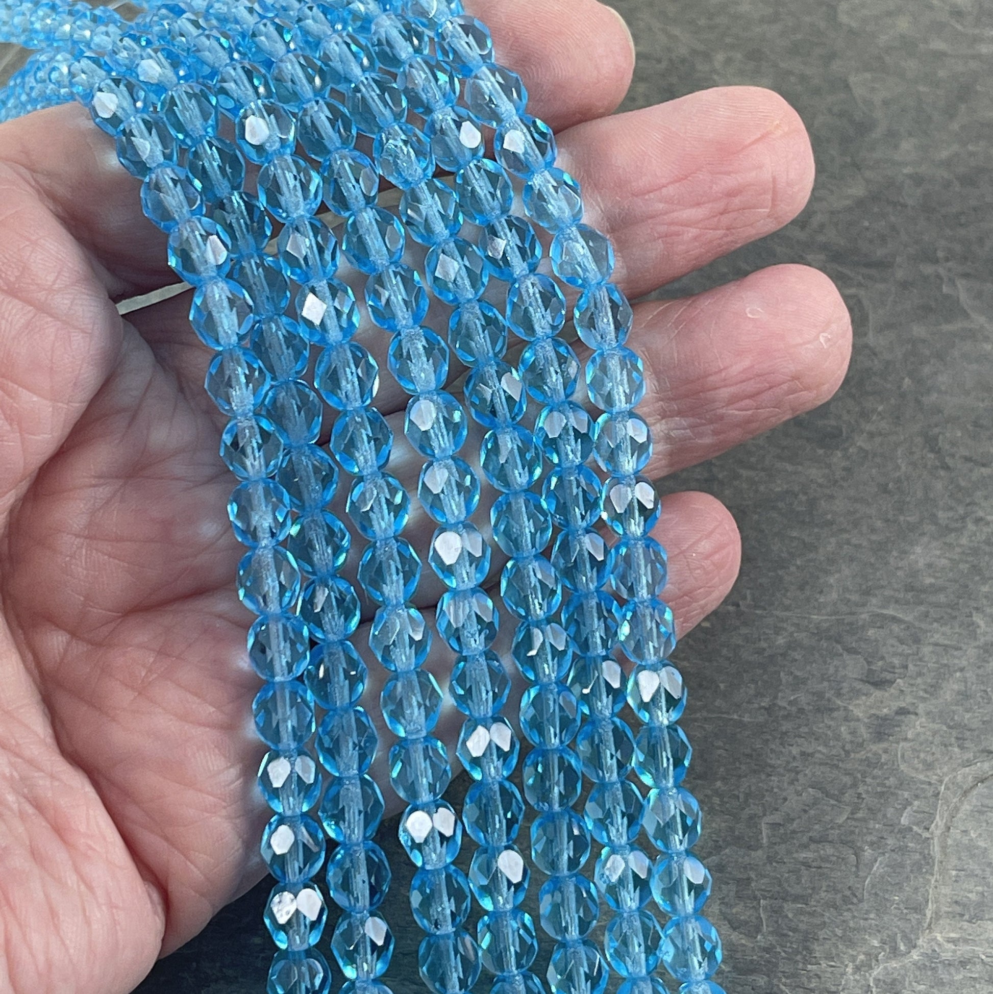 Aquamarine Glass Beads Transparent Blue Czech Glass Beads 6mm Faceted Round Beads Aqua Blue Beads (FP6-6002) - 7" Strand