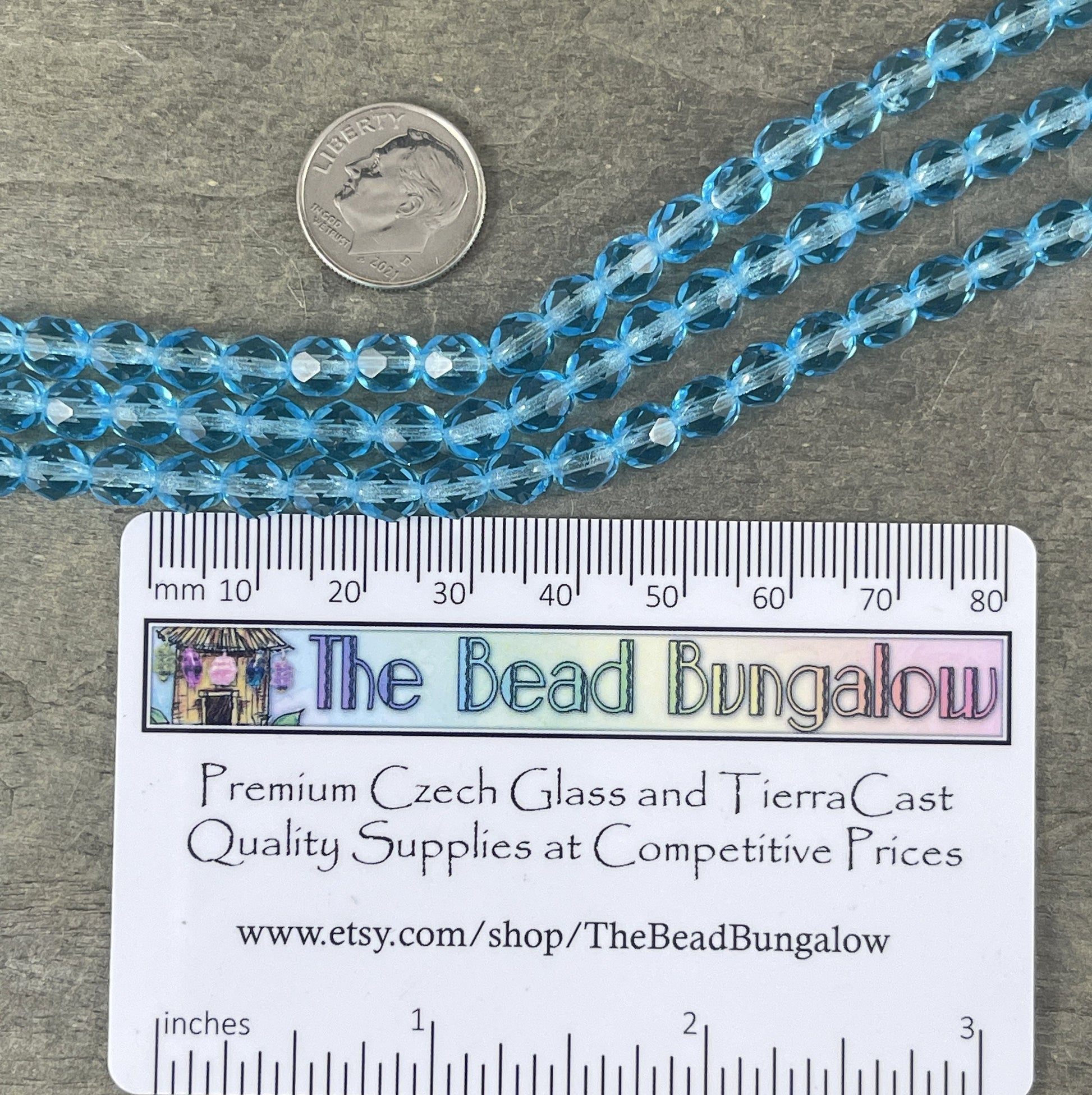 Aquamarine Glass Beads Transparent Blue Czech Glass Beads 6mm Faceted Round Beads Aqua Blue Beads (FP6-6002) - 7" Strand