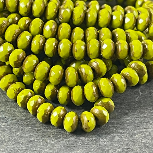 Chartreuse Green Faceted Czech Glass Beads 5x3mm Rondelle Opaque Avocado Green with Bronze Picasso (R5/N-1132) * Qty. 30