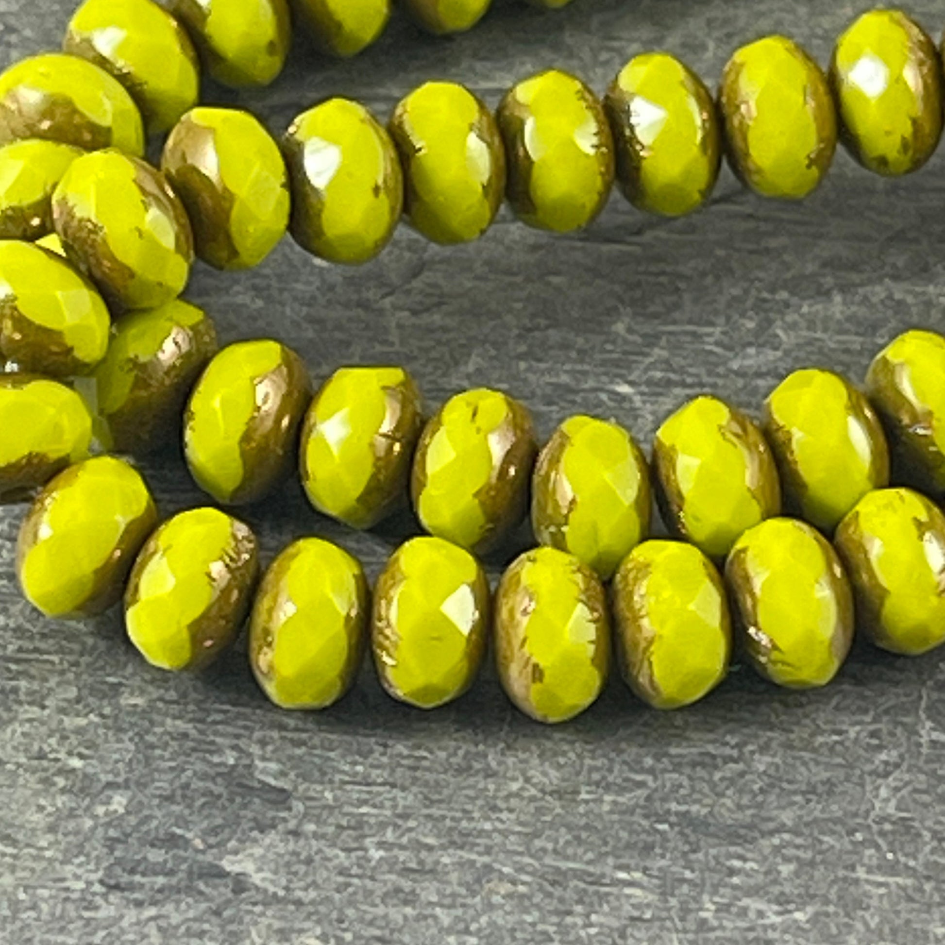 Chartreuse Green Faceted Czech Glass Beads 5x3mm Rondelle Opaque Avocado Green with Bronze Picasso (R5/N-1132) * Qty. 30