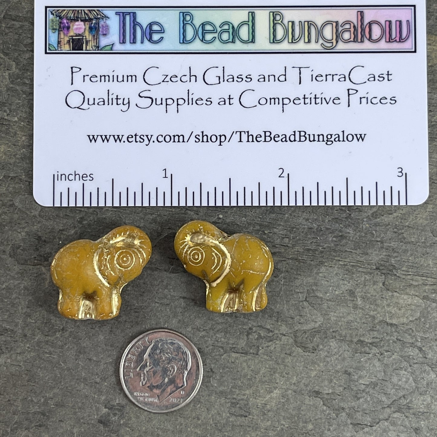 Elephant Bead, Czech Glass Beads, Matte Ocre Elephant with Gold Wash, 20x23mm Mustard Yellow Elephant (Pack8) * Qty. 2