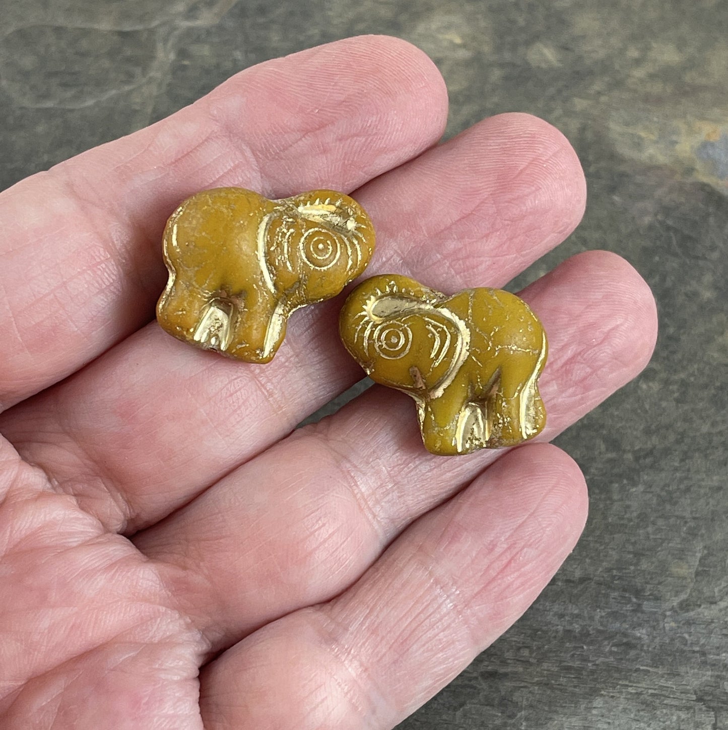 Elephant Bead, Czech Glass Beads, Matte Ocre Elephant with Gold Wash, 20x23mm Mustard Yellow Elephant (Pack8) * Qty. 2