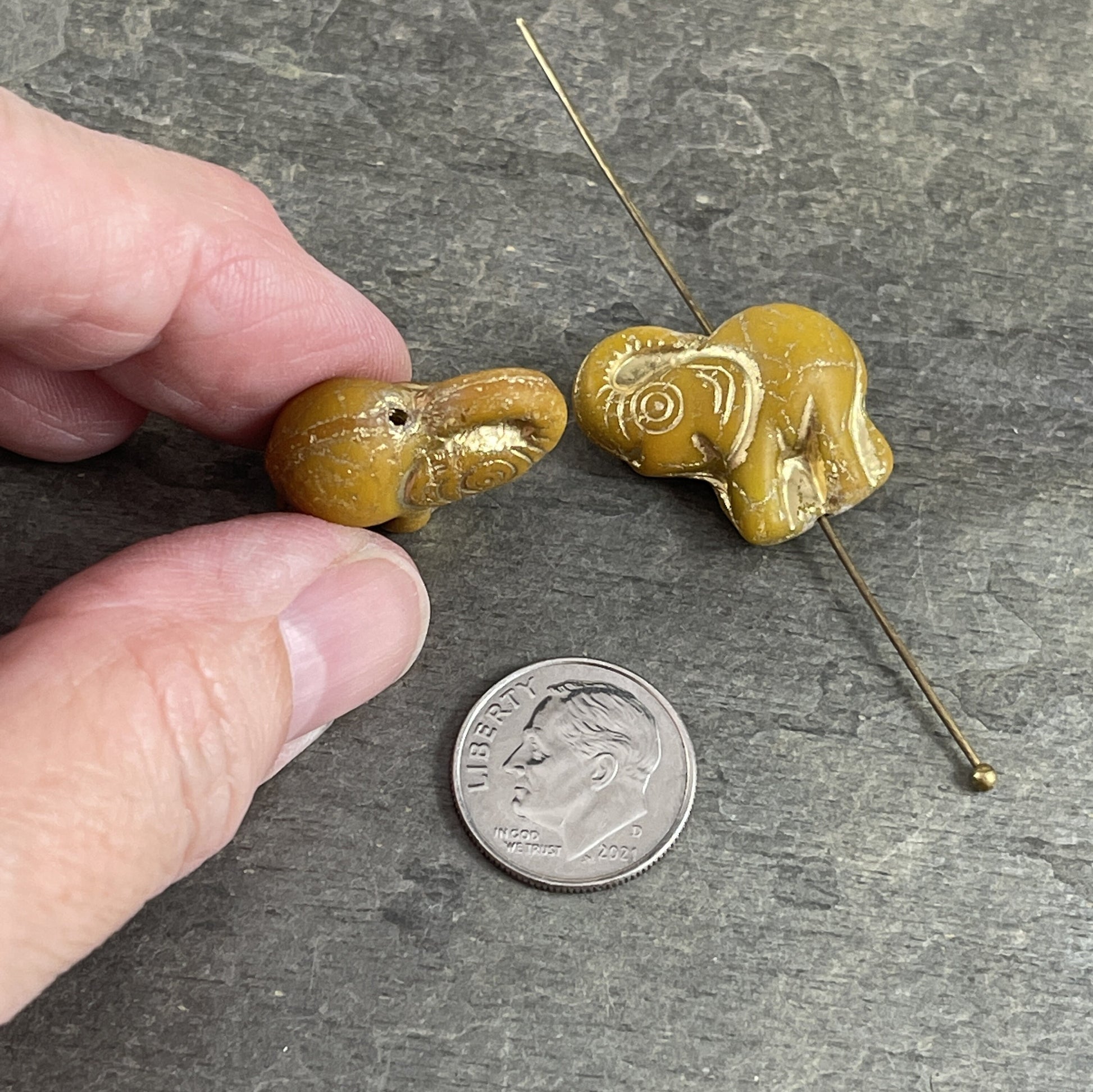 Elephant Bead, Czech Glass Beads, Matte Ocre Elephant with Gold Wash, 20x23mm Mustard Yellow Elephant (Pack8) * Qty. 2