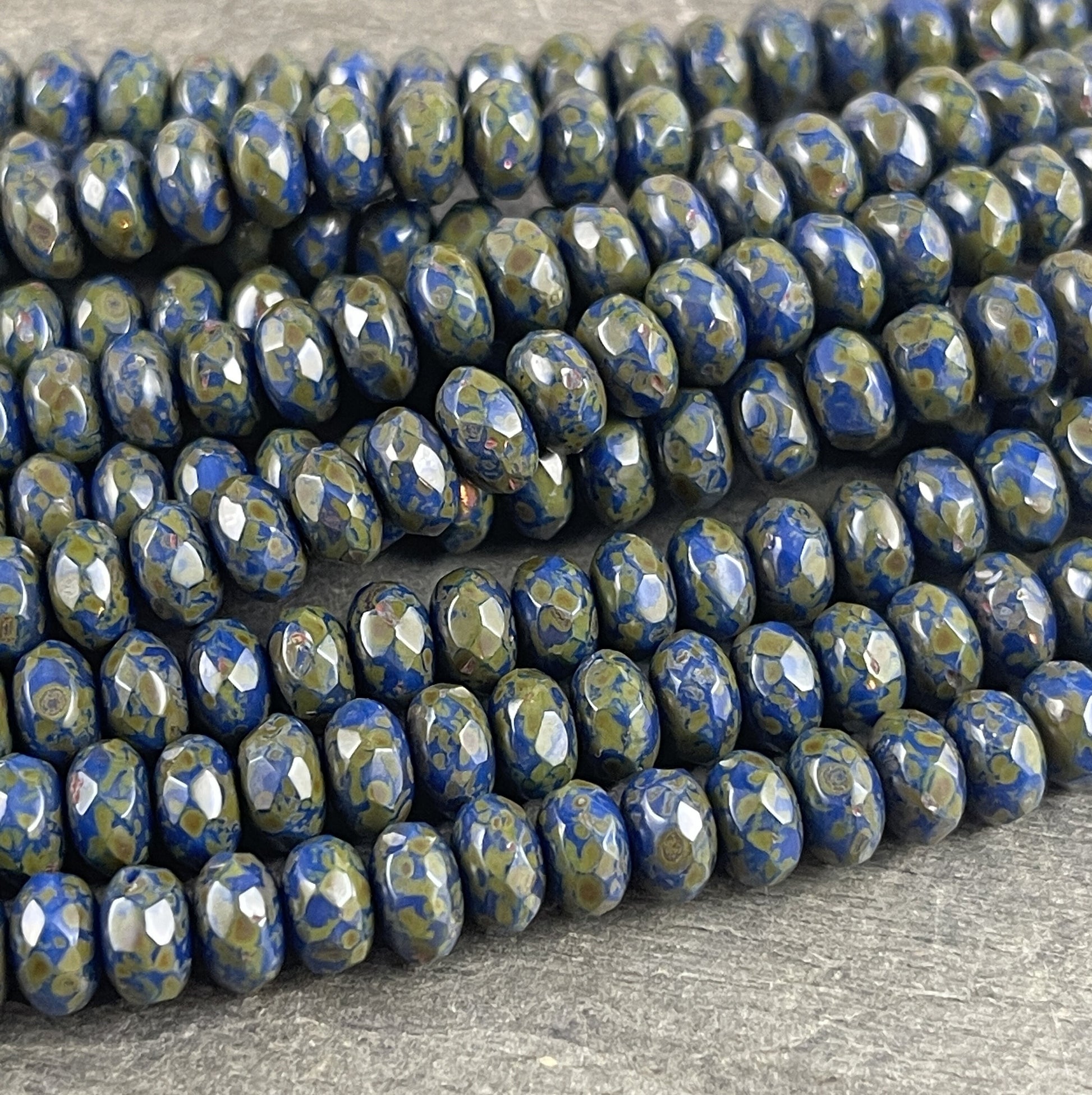 7x5mm Navy Blue Faceted Czech Glass Rondelles ~ Cobalt Blue Glass Beads with Full Picasso (R7/OB-101) - Qty 25