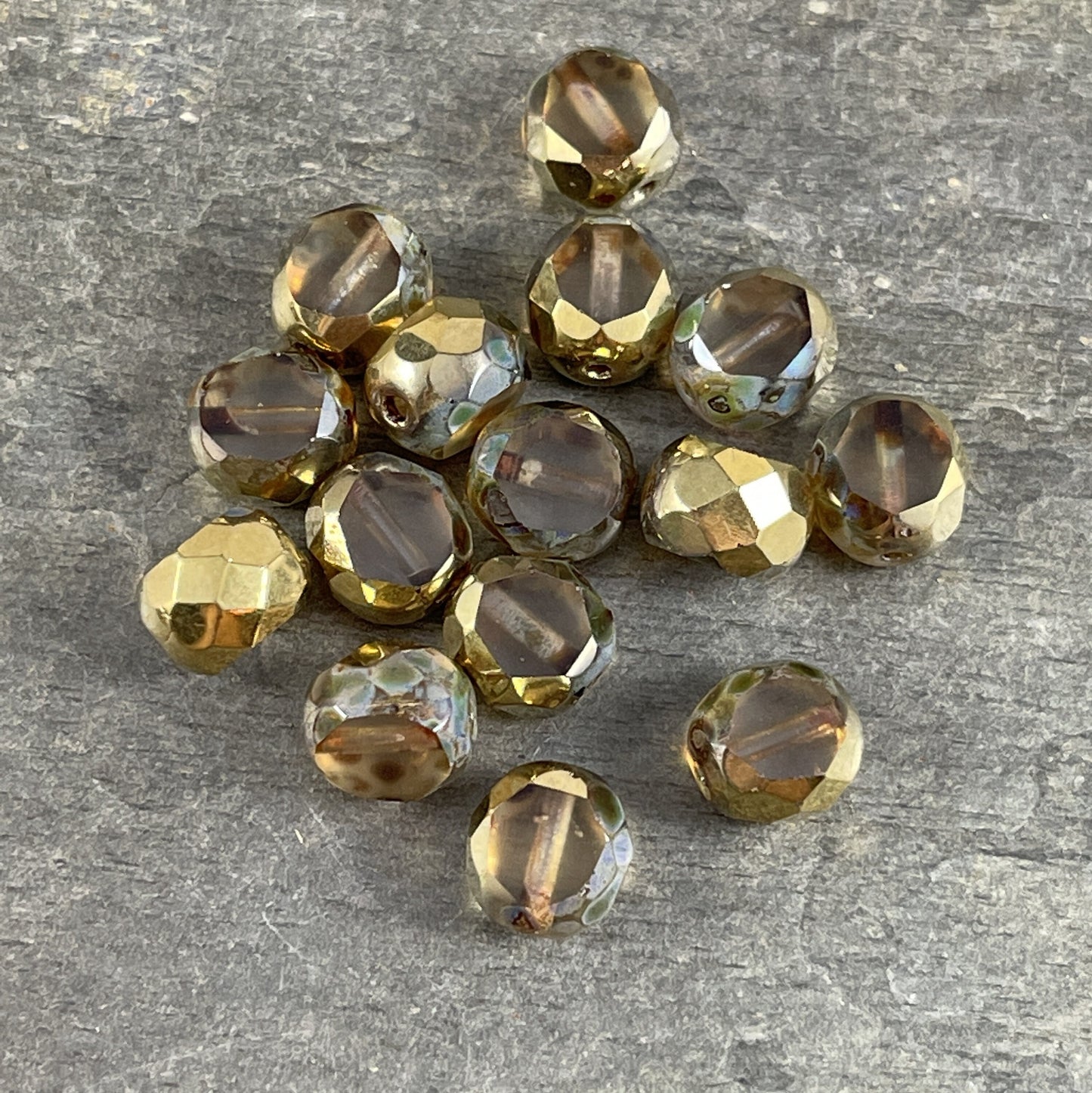 Transparent Picasso and Gold 8mm Table Cut Beads Unique Czech Faceted Oval Bead - Clear Picasso Czech Glass Beads (FAS/N-0128) * Qty. 10