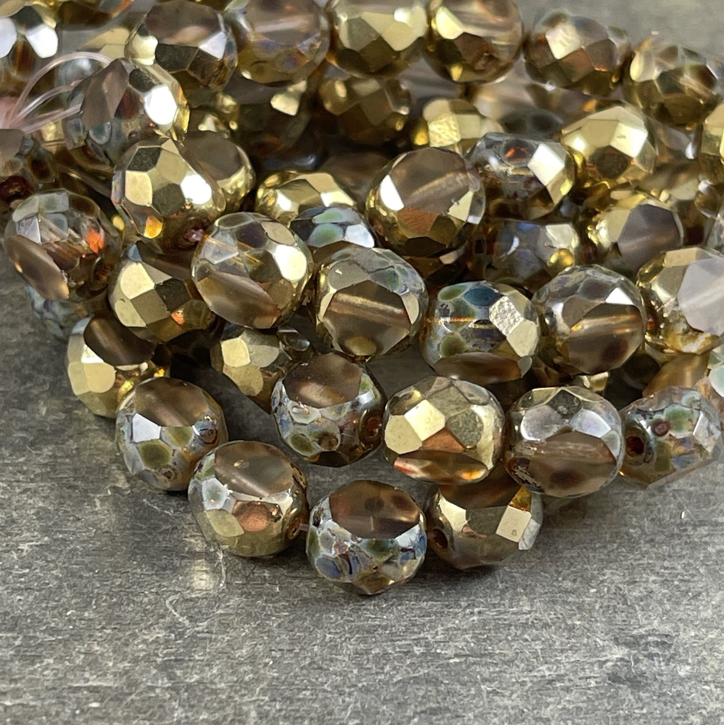 Transparent Picasso and Gold 8mm Table Cut Beads Unique Czech Faceted Oval Bead - Clear Picasso Czech Glass Beads (FAS/N-0128) * Qty. 10