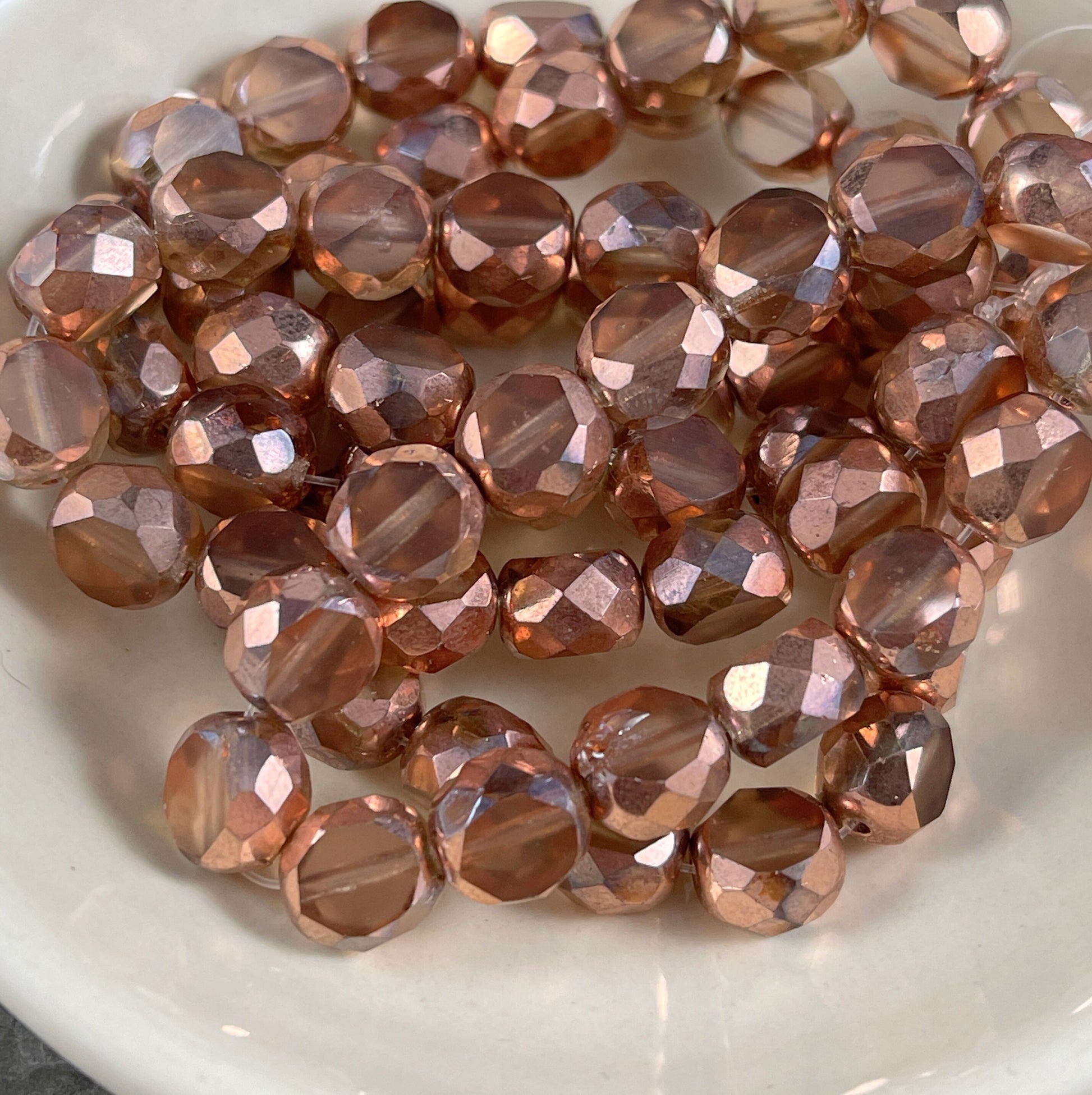 Transparent Peach and Copper 8mm Table Cut Beads Unique Czech Faceted Oval Bead -Peach and Copper Czech Glass Beads (FAS/N-1262) * Qty. 10