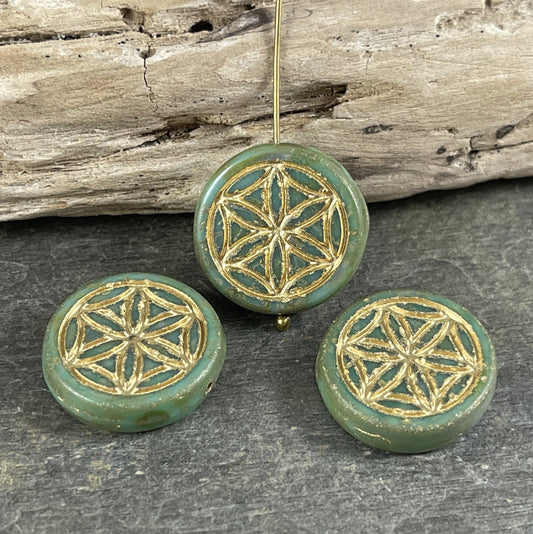 Czech Glass Flower of Life Beads ~ 19mm Coin Bead with Flower of Life Symbol~ Tea Green, Sage Green with Gold Wash (N-1551) * Qty. 2