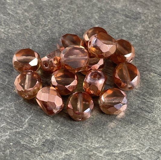 Transparent Peach and Copper 8mm Table Cut Beads Unique Czech Faceted Oval Bead -Peach and Copper Czech Glass Beads (FAS/N-1262) * Qty. 10