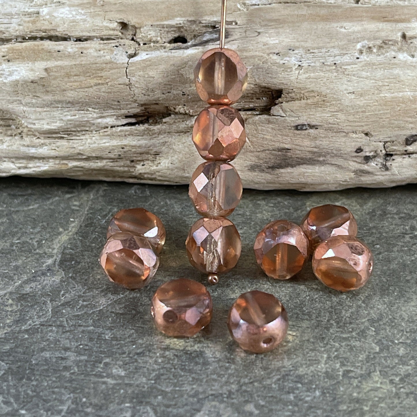 Transparent Peach and Copper 8mm Table Cut Beads Unique Czech Faceted Oval Bead -Peach and Copper Czech Glass Beads (FAS/N-1262) * Qty. 10