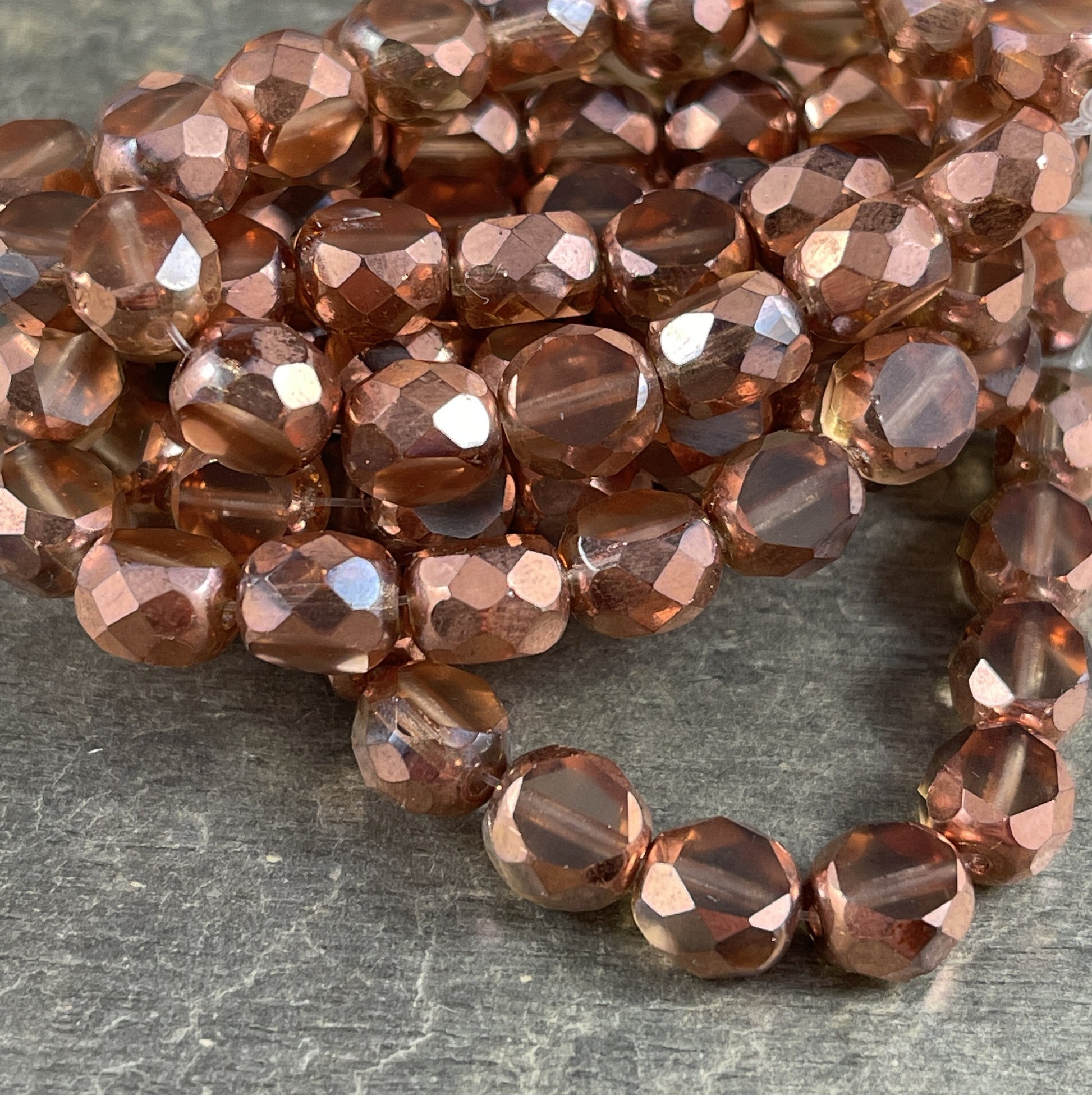 Transparent Peach and Copper 8mm Table Cut Beads Unique Czech Faceted Oval Bead -Peach and Copper Czech Glass Beads (FAS/N-1262) * Qty. 10