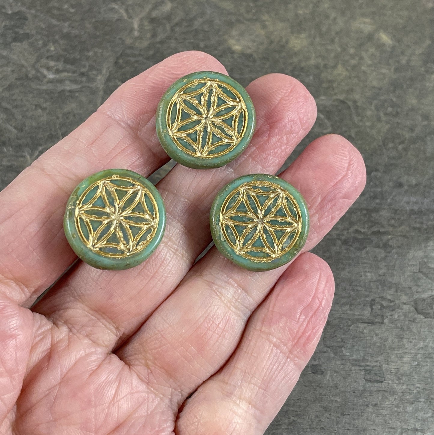 Czech Glass Flower of Life Beads ~ 19mm Coin Bead with Flower of Life Symbol~ Tea Green, Sage Green with Gold Wash (N-1551) * Qty. 2