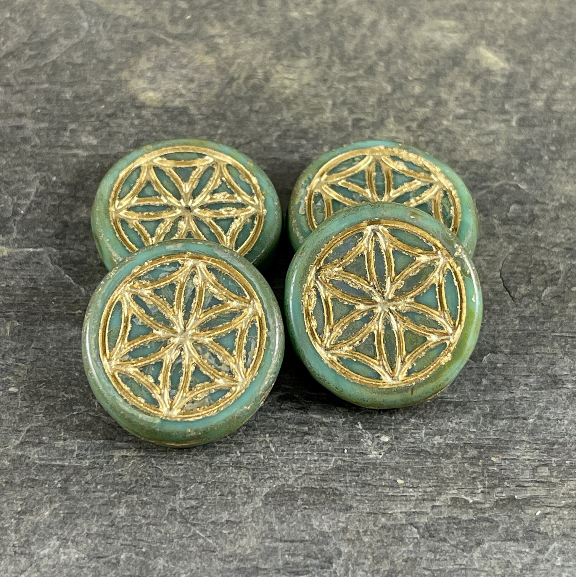 Czech Glass Flower of Life Beads ~ 19mm Coin Bead with Flower of Life Symbol~ Tea Green, Sage Green with Gold Wash (N-1551) * Qty. 2