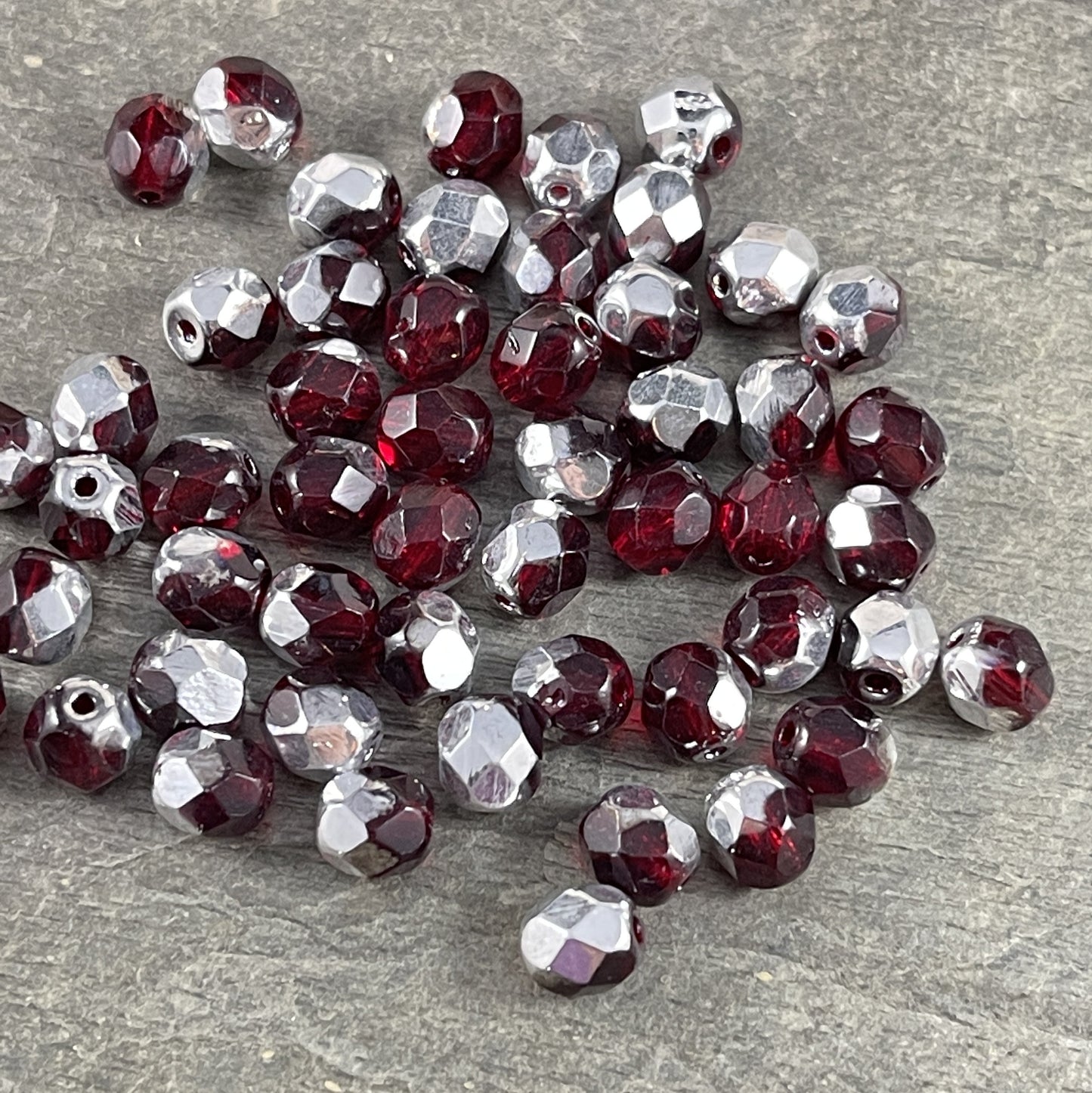 Silver and Red Czech Beads 6mm Czech Glass Fire Polished Beads 6mm Faceted Round Beads - Ruby Red and Silver (FP6/9010-27001) - Qty 25