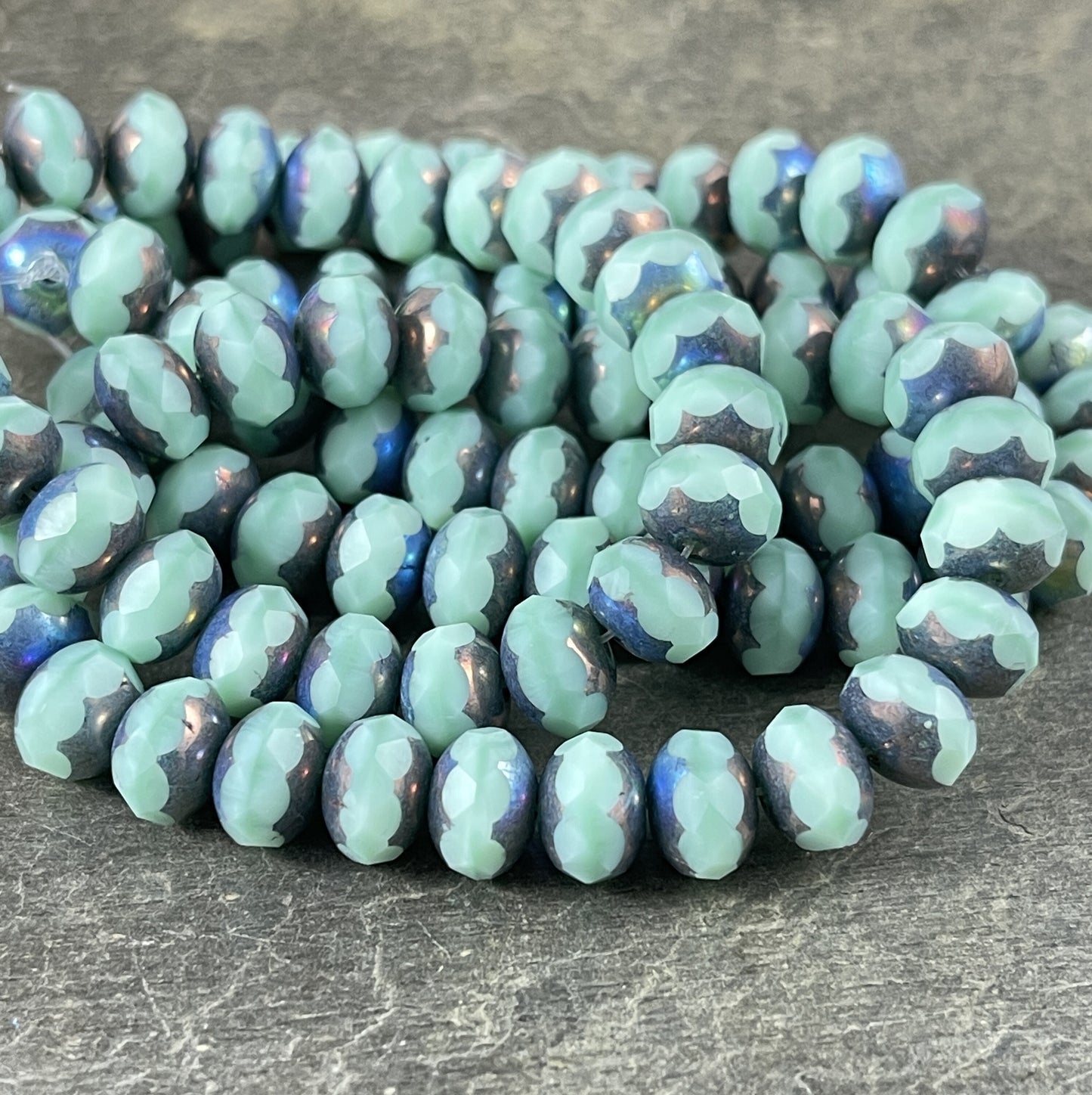 8x6mm Minty Blue Faceted Czech Glass Rondelles ~ Pale Blue with Blue/Bronze Picasso and AB Finish (R8/N-1172) *