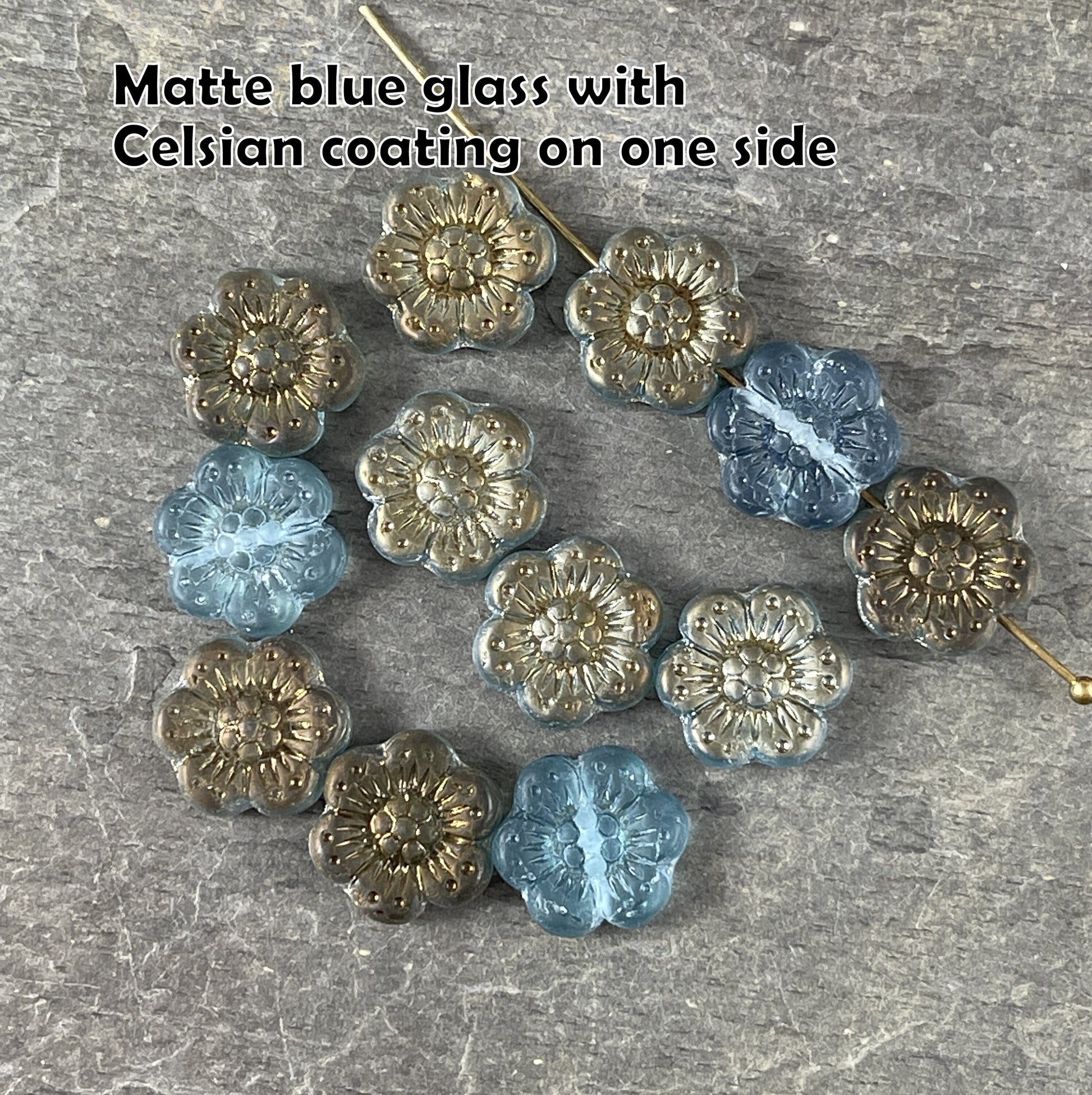 Matte Wild Rose Flower Bead 14mm Flower Beads Czech Glass Beads Matte Aqua Blue with Celsian Half Coat (WR14/RJ-4416) - Qty. 6