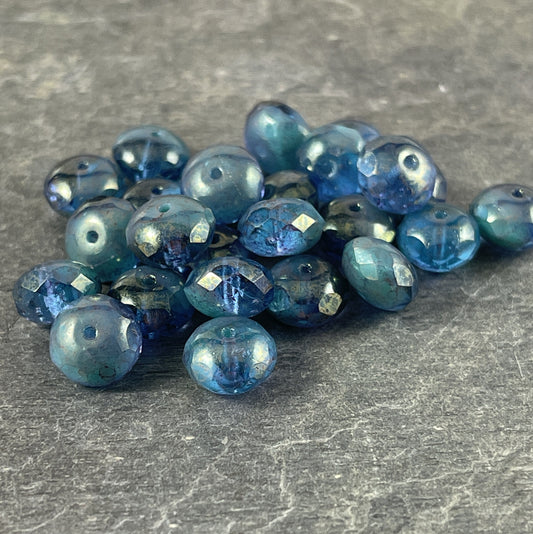 Ocean Blues with Marbled Purple Luster 8x6mm Faceted Rondelle Czech Glass Beads Blue Glass with Luster Picasso (R8/RJ-2603) * Qty 25