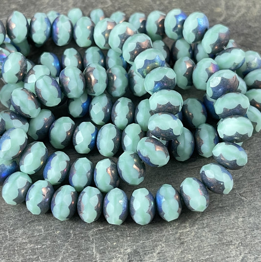 8x6mm Minty Blue Faceted Czech Glass Rondelles ~ Pale Blue with Blue/Bronze Picasso and AB Finish (R8/N-1172) *