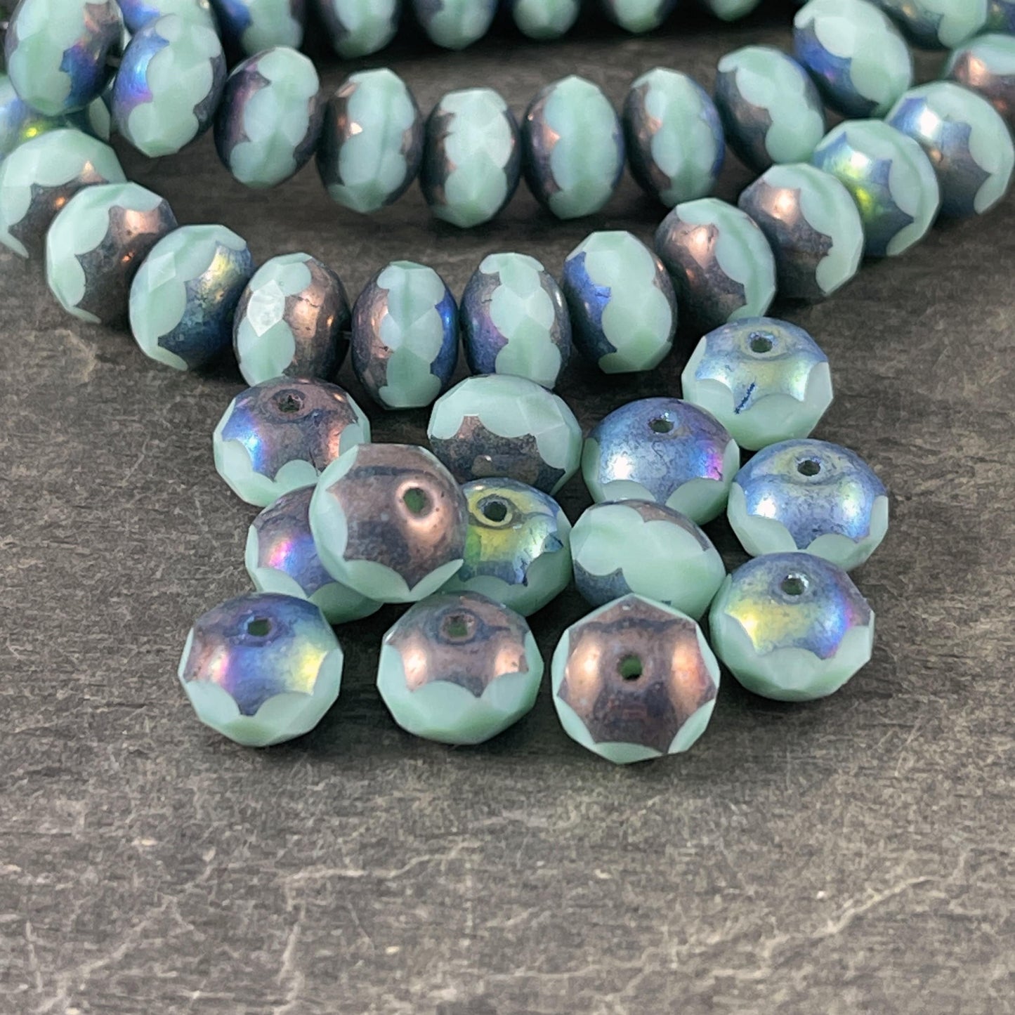 8x6mm Minty Blue Faceted Czech Glass Rondelles ~ Pale Blue with Blue/Bronze Picasso and AB Finish (R8/N-1172) *