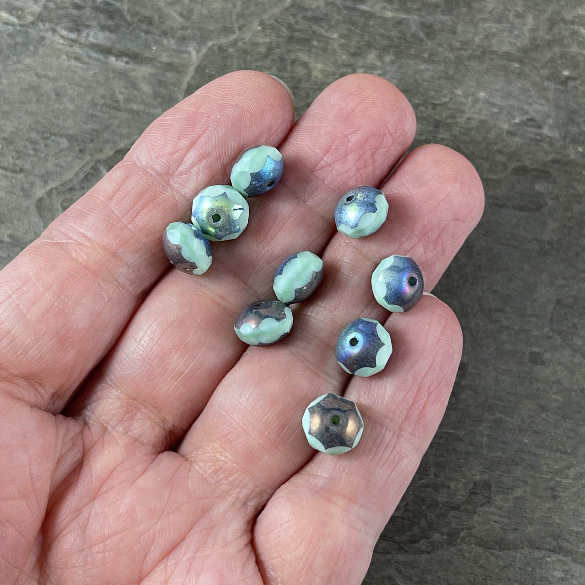 8x6mm Minty Blue Faceted Czech Glass Rondelles ~ Pale Blue with Blue/Bronze Picasso and AB Finish (R8/N-1172) *