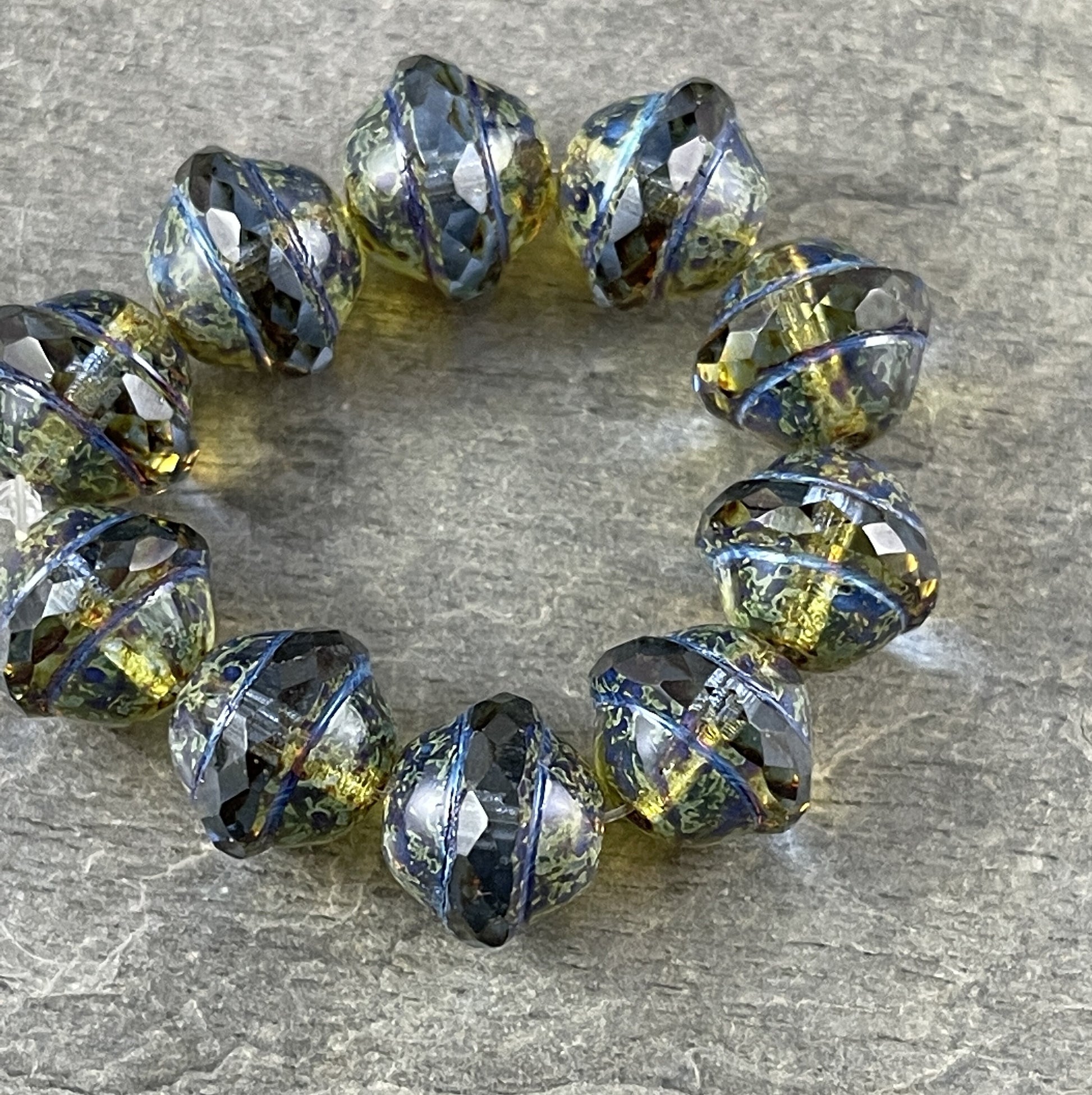 Sapphire Picasso Beads 10x12mm Saturn Bicone Czech Beads Czech Glass Beads - Sapphire Blue Beads with Green Picasso (RJ-2334) * Qty. 10