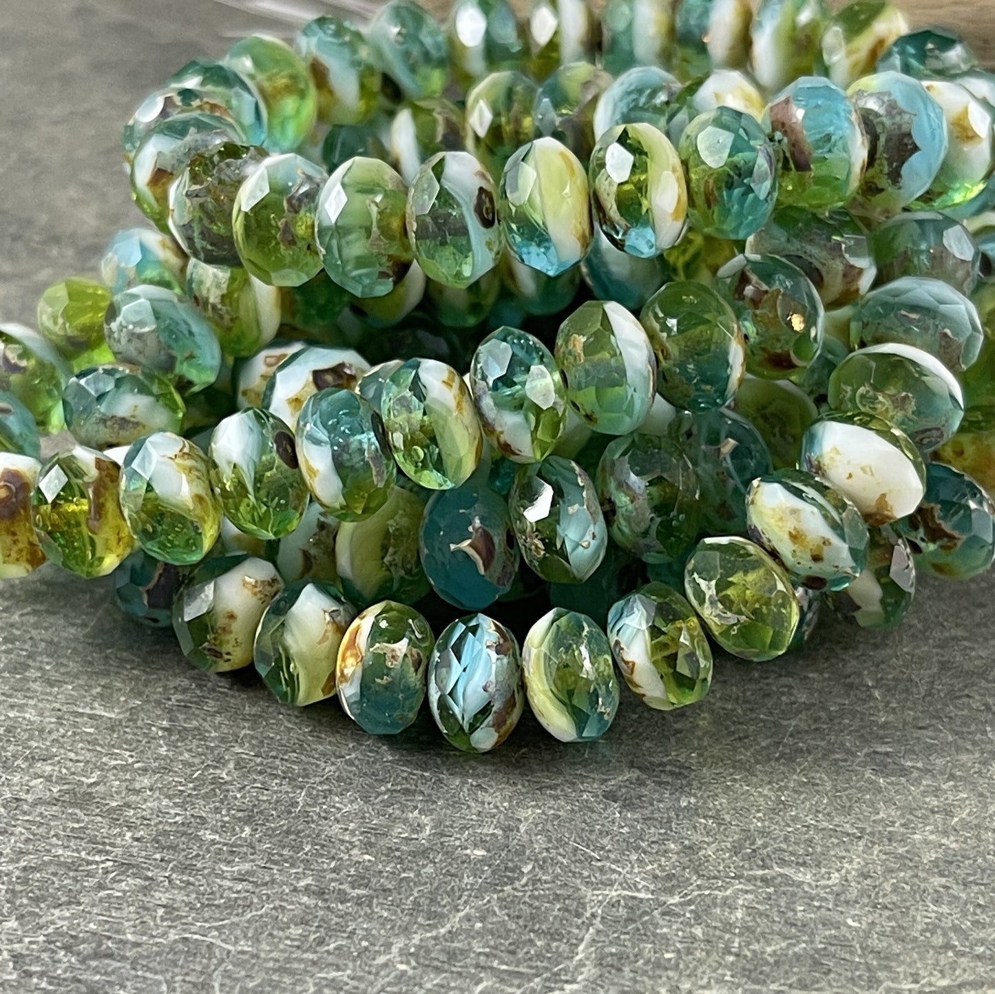 Aqua Olivine and White Picasso Rondelles Multi Colored Blue-Green Czech Beads 8x6mm Rondelle Czech Glass Beads (R8/RJ-2610) * Qty. 25