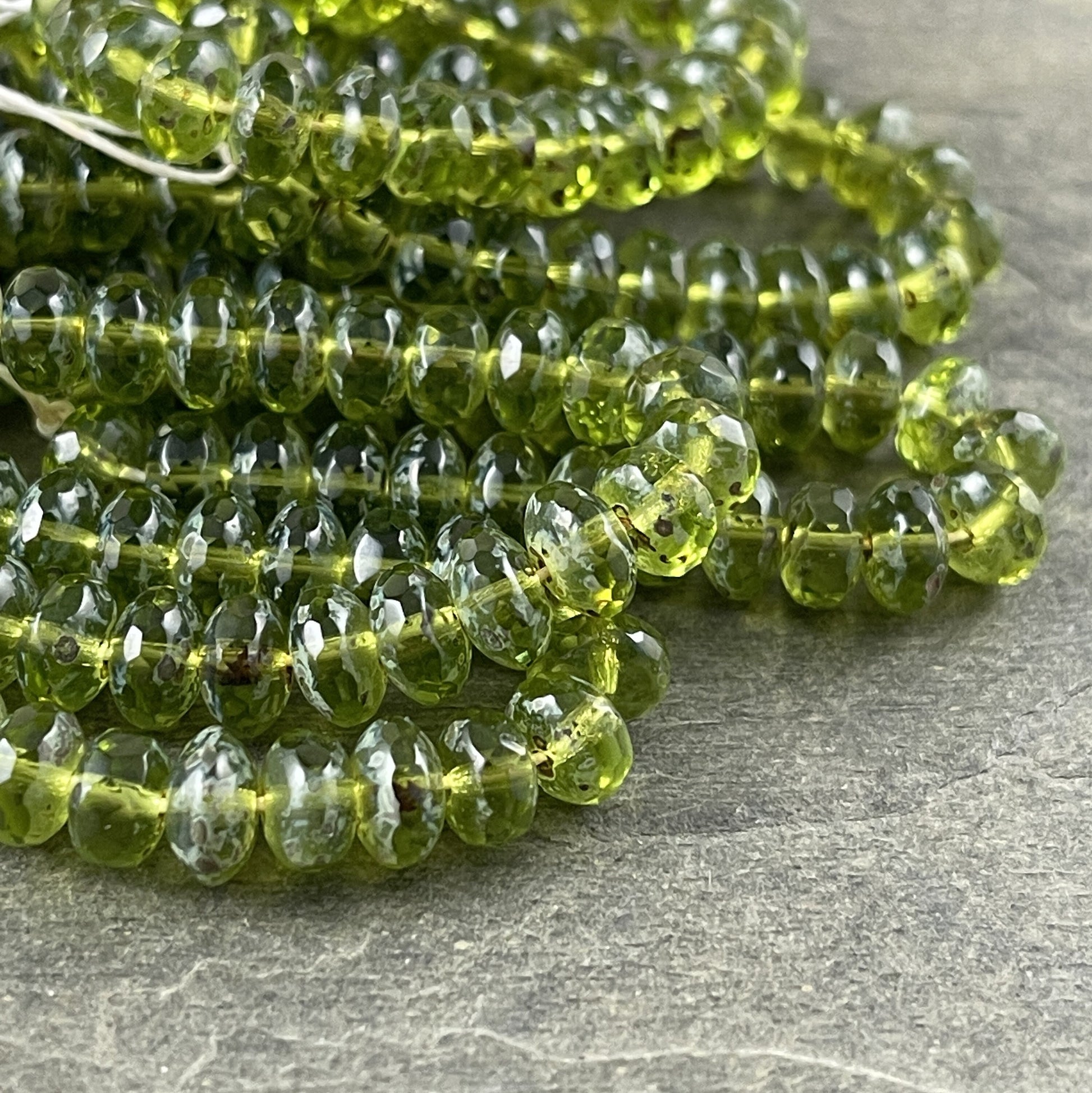 Transparent Olive Green Picasso Beads ~ 7x5mm Czech Glass Rondelle ~ Olive Green Glass Beads with Light Picasso (R7/RJ-0759) * Qty 25