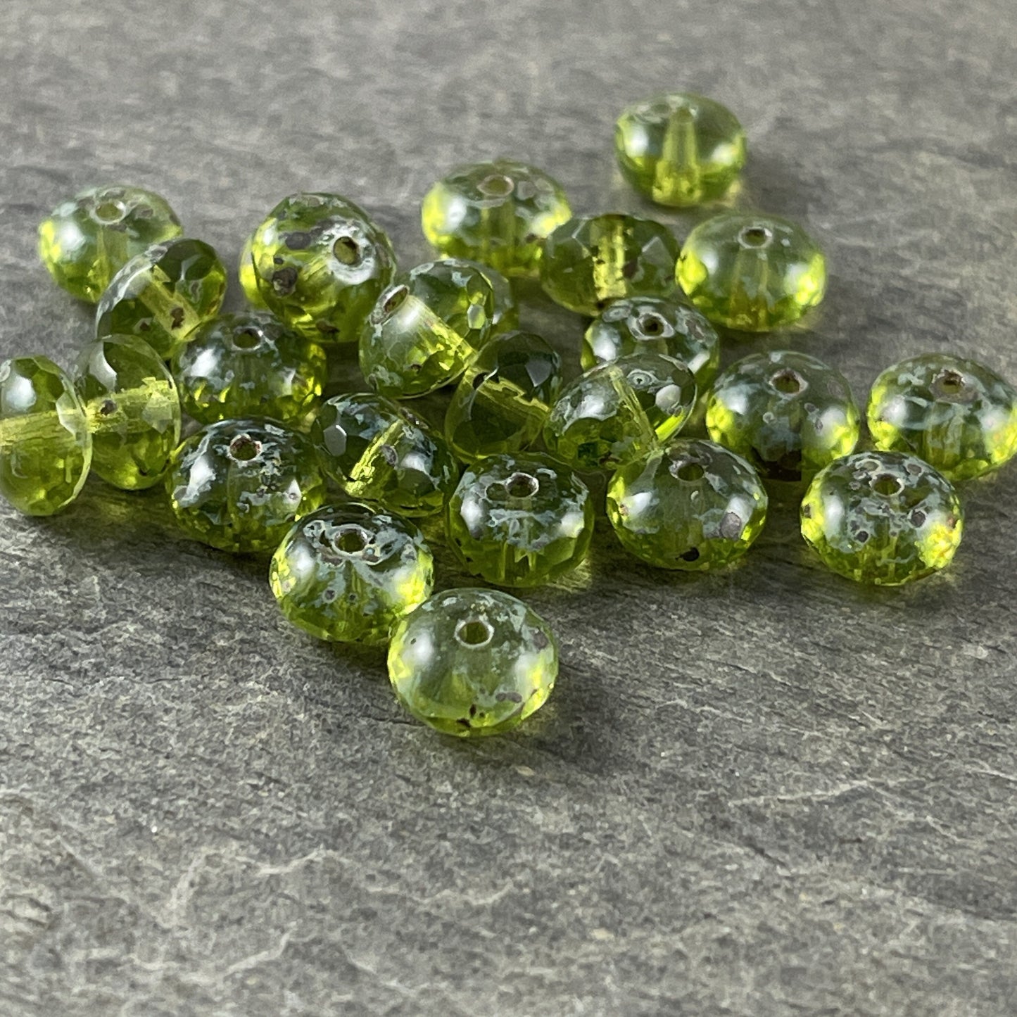 Transparent Olive Green Picasso Beads ~ 7x5mm Czech Glass Rondelle ~ Olive Green Glass Beads with Light Picasso (R7/RJ-0759) * Qty 25