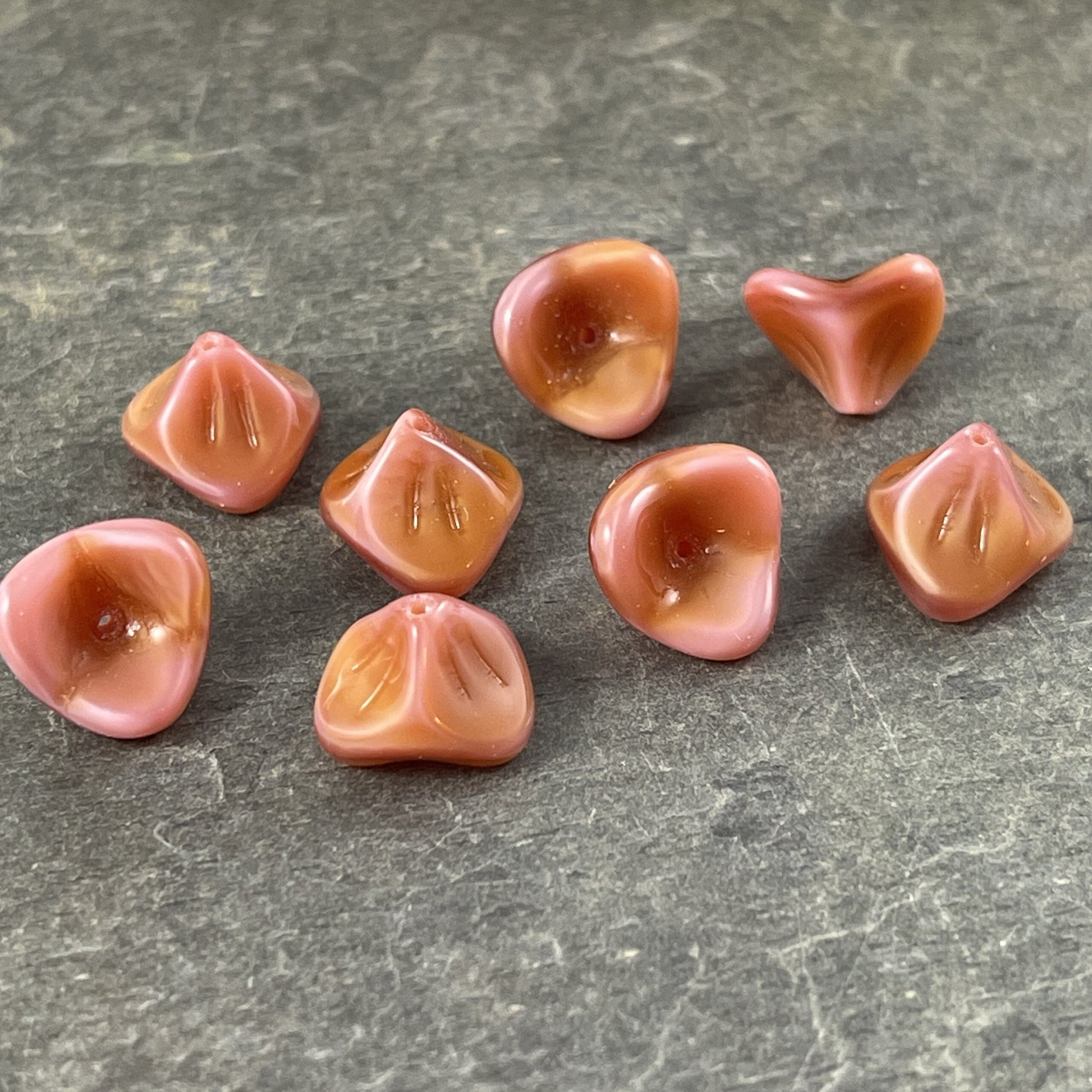 Peach Silk Flower ~ Amber Pink 3-Petal Flower Beads ~ Czech Glass Beads ~ 12x9mm Peachy Pink Bell Flower Bead (FLLB/RJ-1043) * Qty. 8